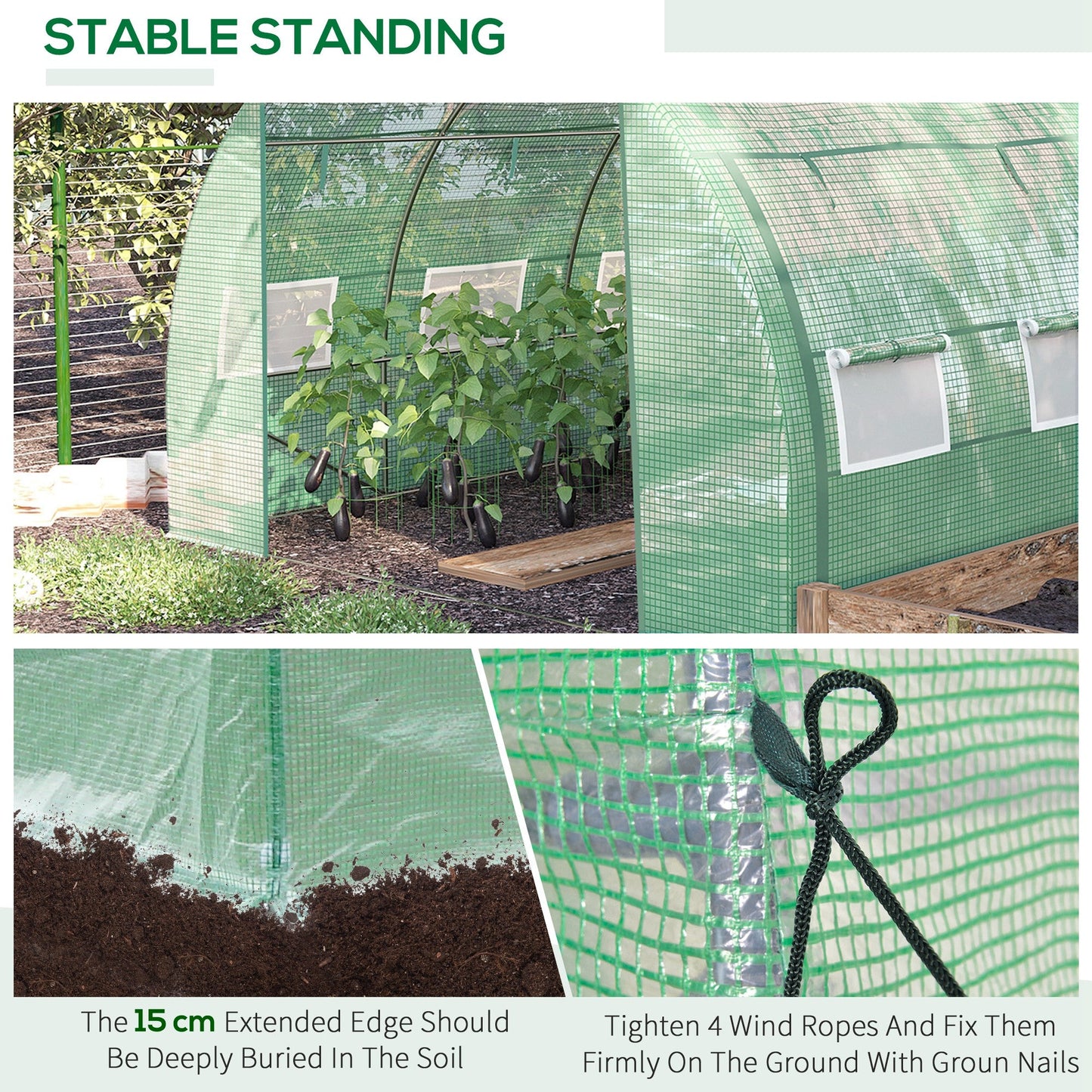 3 x 3 x 2 m Polytunnel Greenhouse with Roll-up Side Walls, Walk-in Grow House Tent with Steel Frame, Reinforced Cover, Zipped Door and 6 Mesh Windows for Garden, Green
