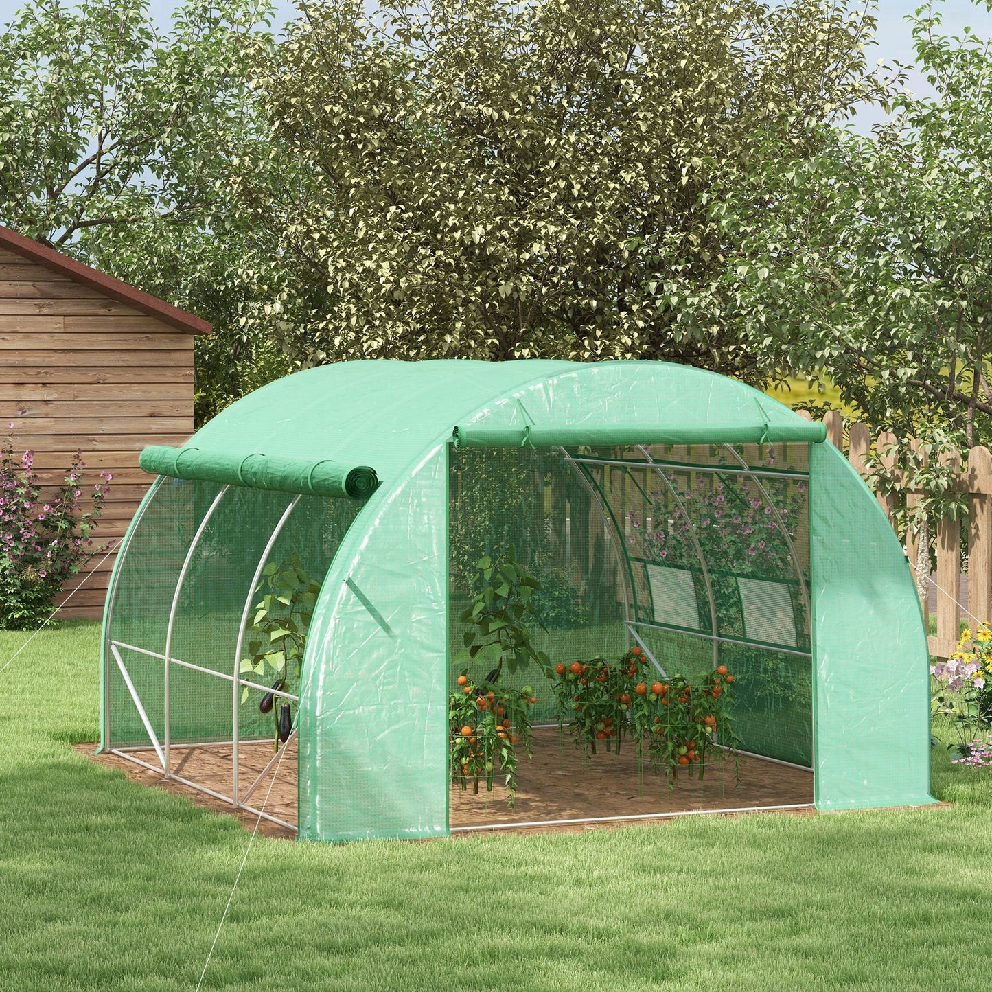 3 x 3 x 2 m Polytunnel Greenhouse with Roll-up Side Walls, Walk-in Grow House Tent with Steel Frame, Reinforced Cover, Zipped Door and 6 Mesh Windows for Garden, Green