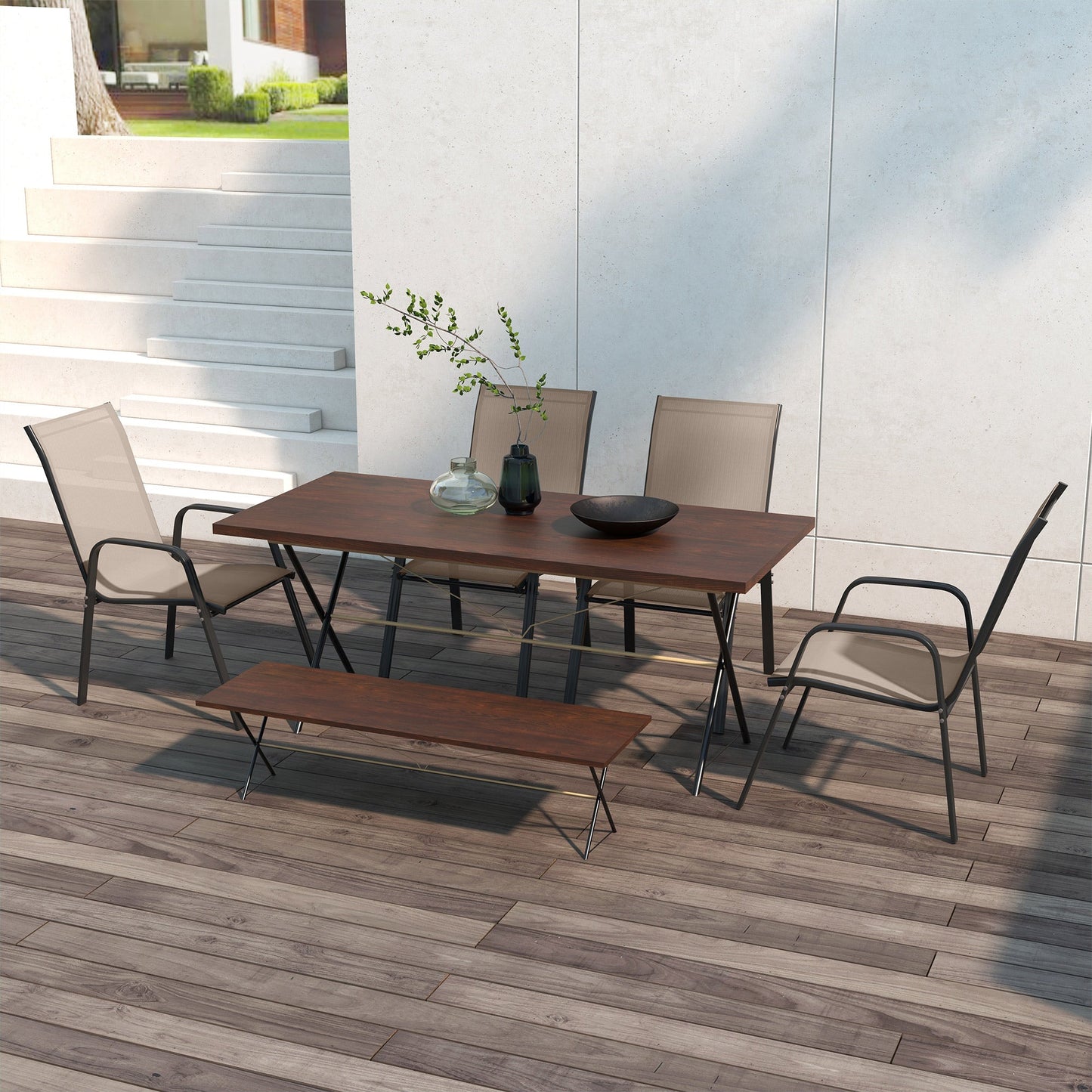 4 Pieces Garden Chairs, Stackable Outdoor Chairs with High Backrest and Armrest, Breathable Mesh Fabric Dining Chair Set of 4, Dark Grey