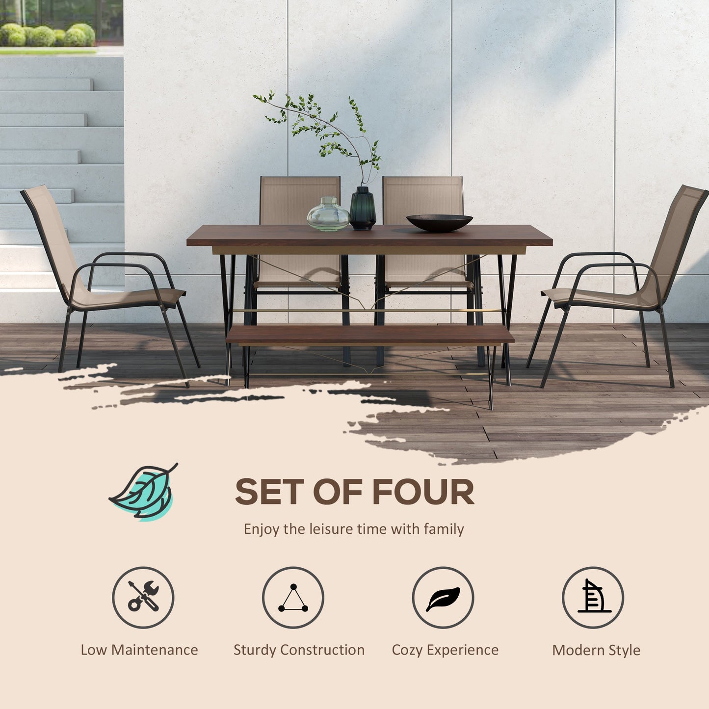 4 Pieces Garden Chairs, Stackable Outdoor Chairs with High Backrest and Armrest, Breathable Mesh Fabric Dining Chair Set of 4, Dark Grey