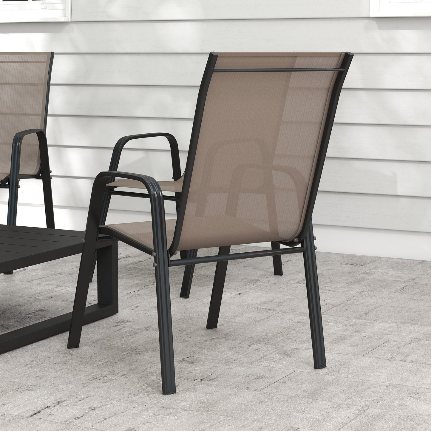 4 Pieces Garden Chairs, Stackable Outdoor Chairs with High Backrest and Armrest, Breathable Mesh Fabric Dining Chair Set of 4, Dark Grey