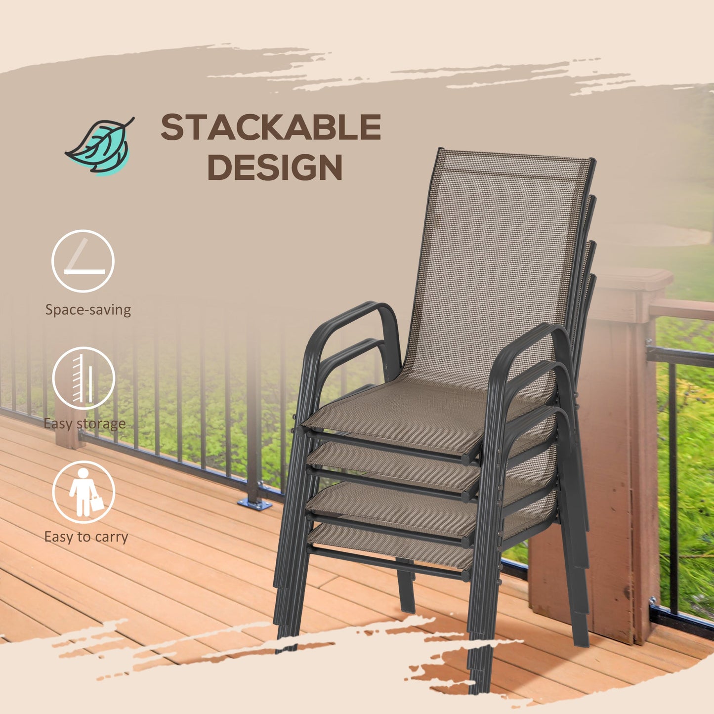 4 Pieces Garden Chairs, Stackable Outdoor Chairs with High Backrest and Armrest, Breathable Mesh Fabric Dining Chair Set of 4, Dark Grey
