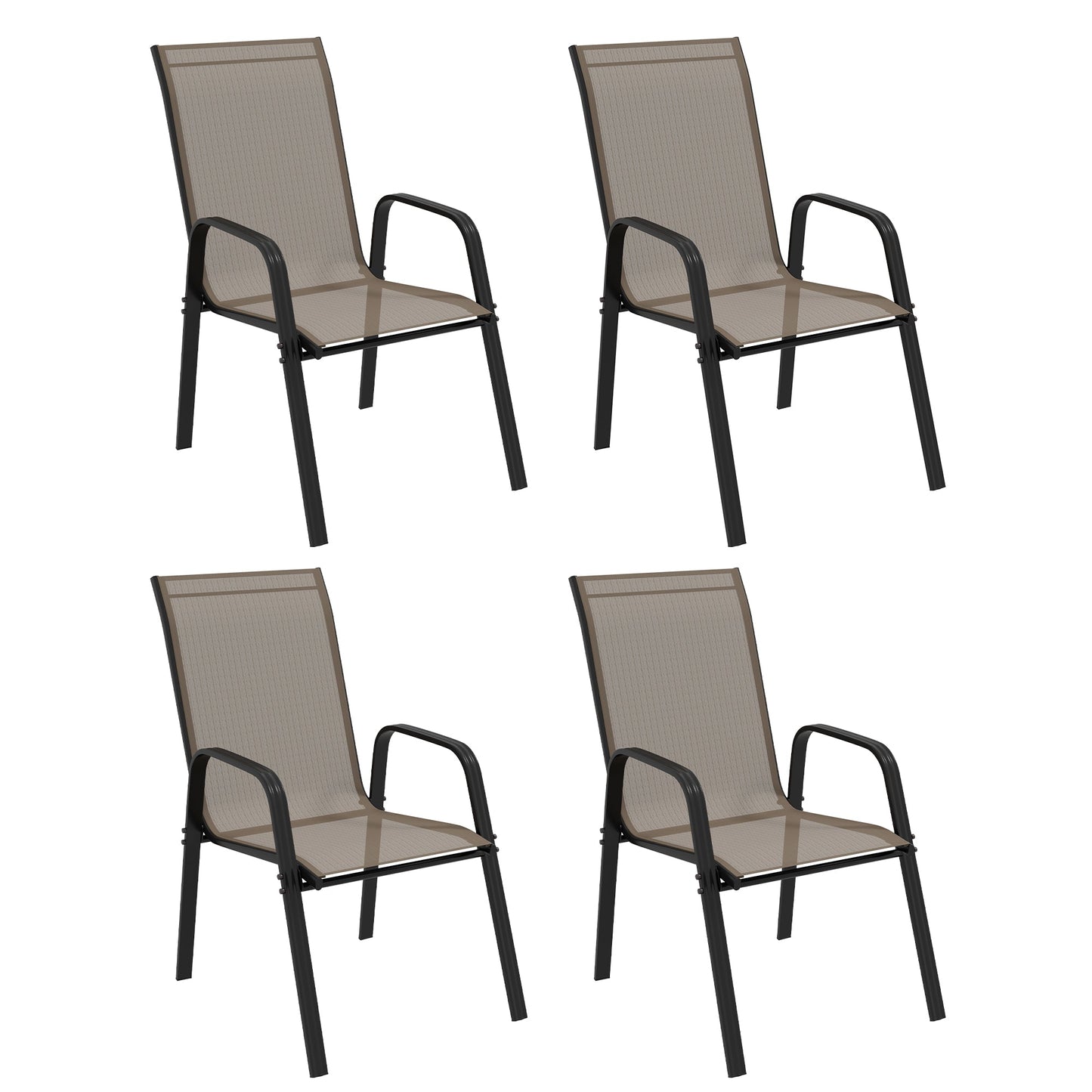 4 Pieces Garden Chairs, Stackable Outdoor Chairs with High Backrest and Armrest, Breathable Mesh Fabric Dining Chair Set of 4, Dark Grey
