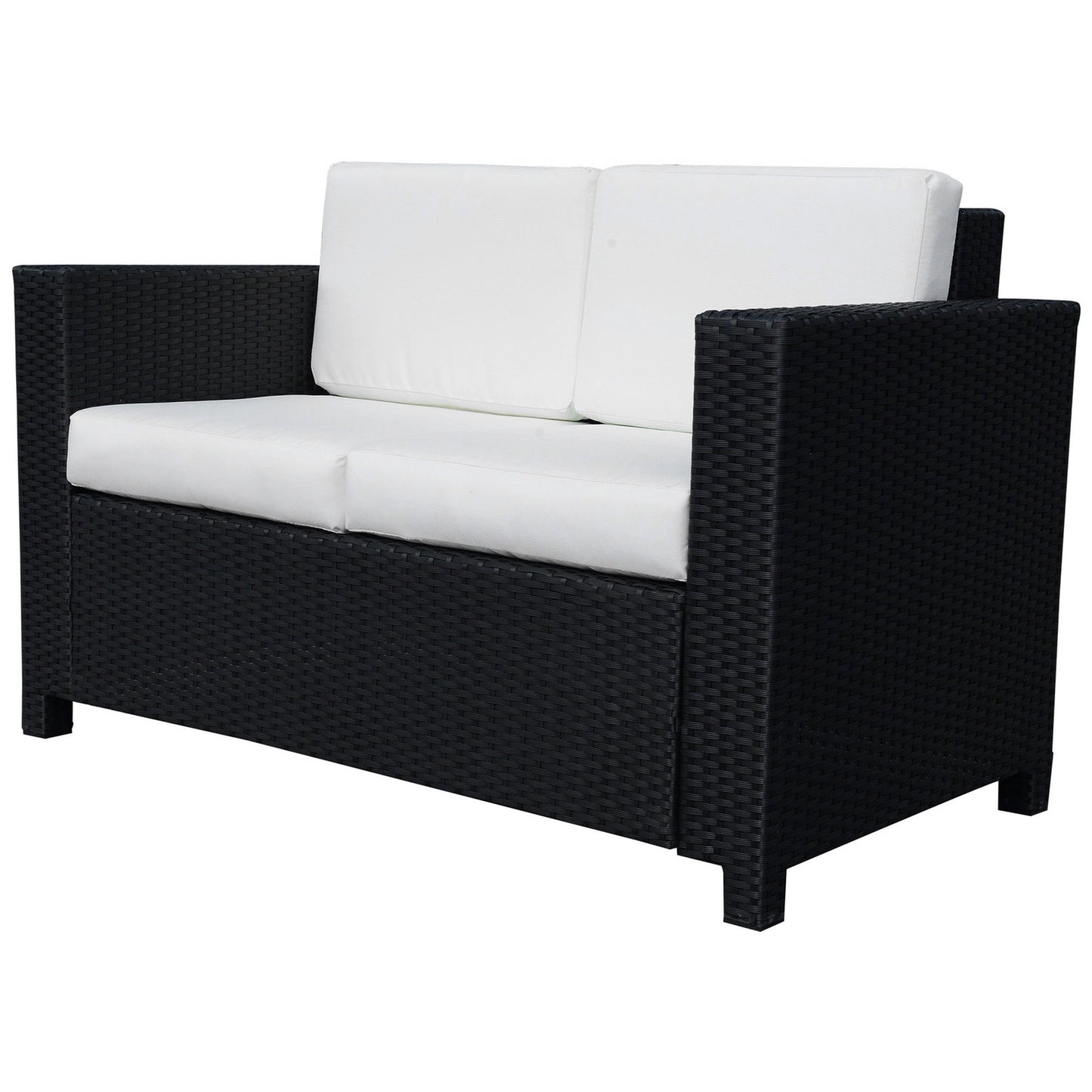 Rattan Sofa, 2 Seater Garden Furniture with Soft Padded Cushion and Armrests, Wicker Garden Loveseat for Patio, Black
