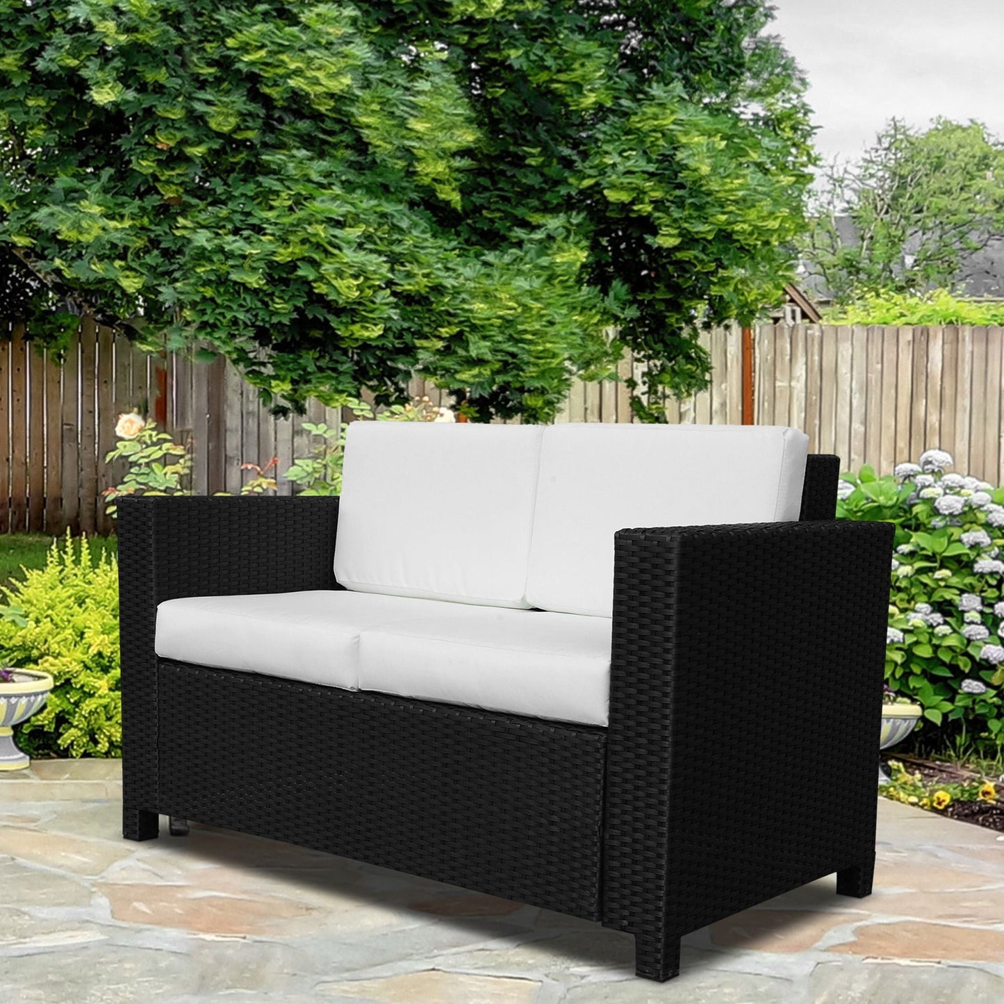Rattan Sofa, 2 Seater Garden Furniture with Soft Padded Cushion and Armrests, Wicker Garden Loveseat for Patio, Black