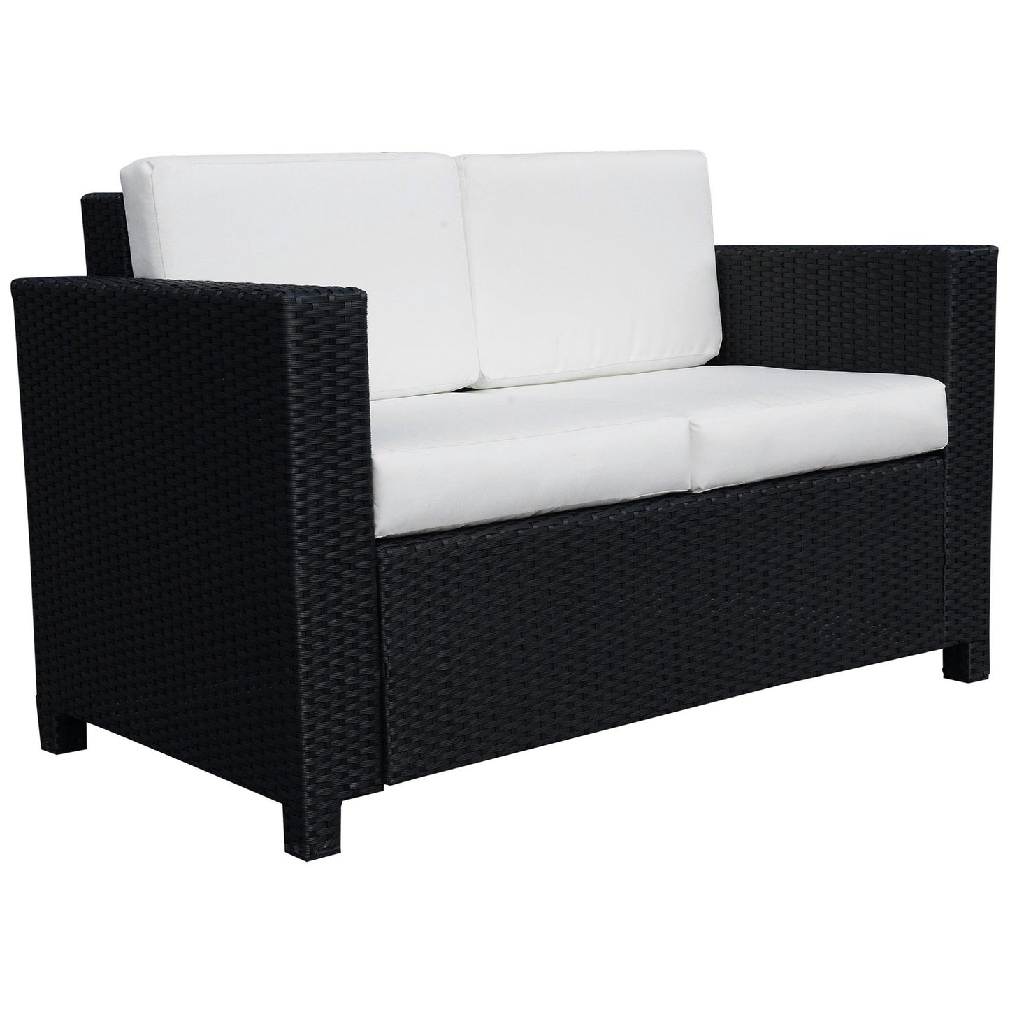 Rattan Sofa, 2 Seater Garden Furniture with Soft Padded Cushion and Armrests, Wicker Garden Loveseat for Patio, Black