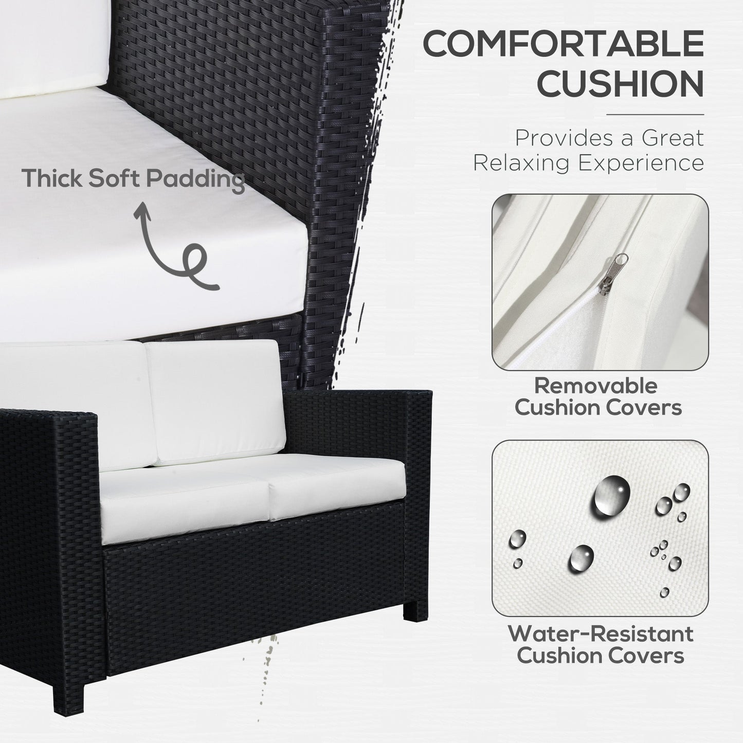 Rattan Sofa, 2 Seater Garden Furniture with Soft Padded Cushion and Armrests, Wicker Garden Loveseat for Patio, Black