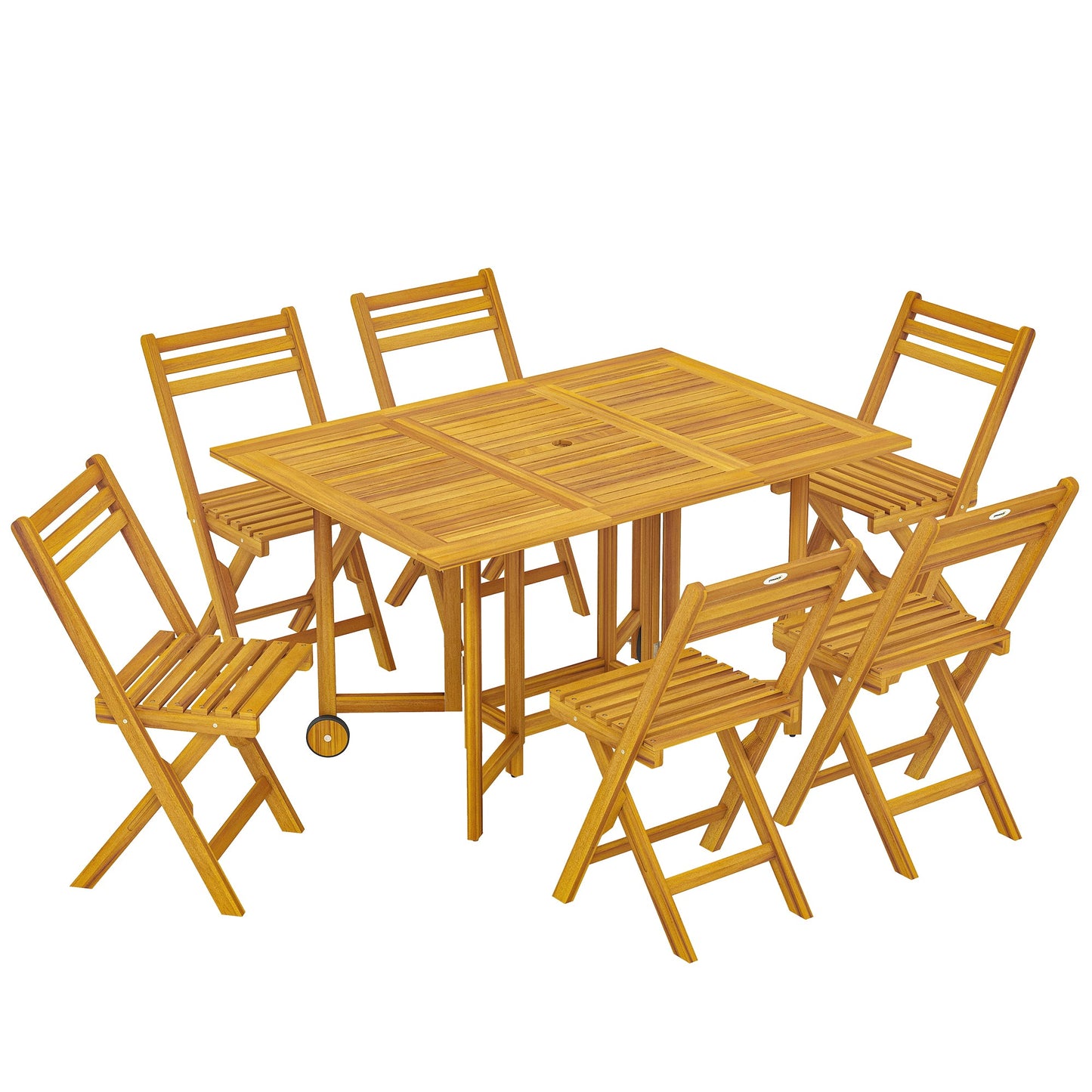 7 Pieces Garden Dining Set, Extending Dining Table and 6 Folding Chairs with Umbrella Hole, Garden Furniture Set with FSC-Certified Acacia Wood for Patio, Natural Wood
