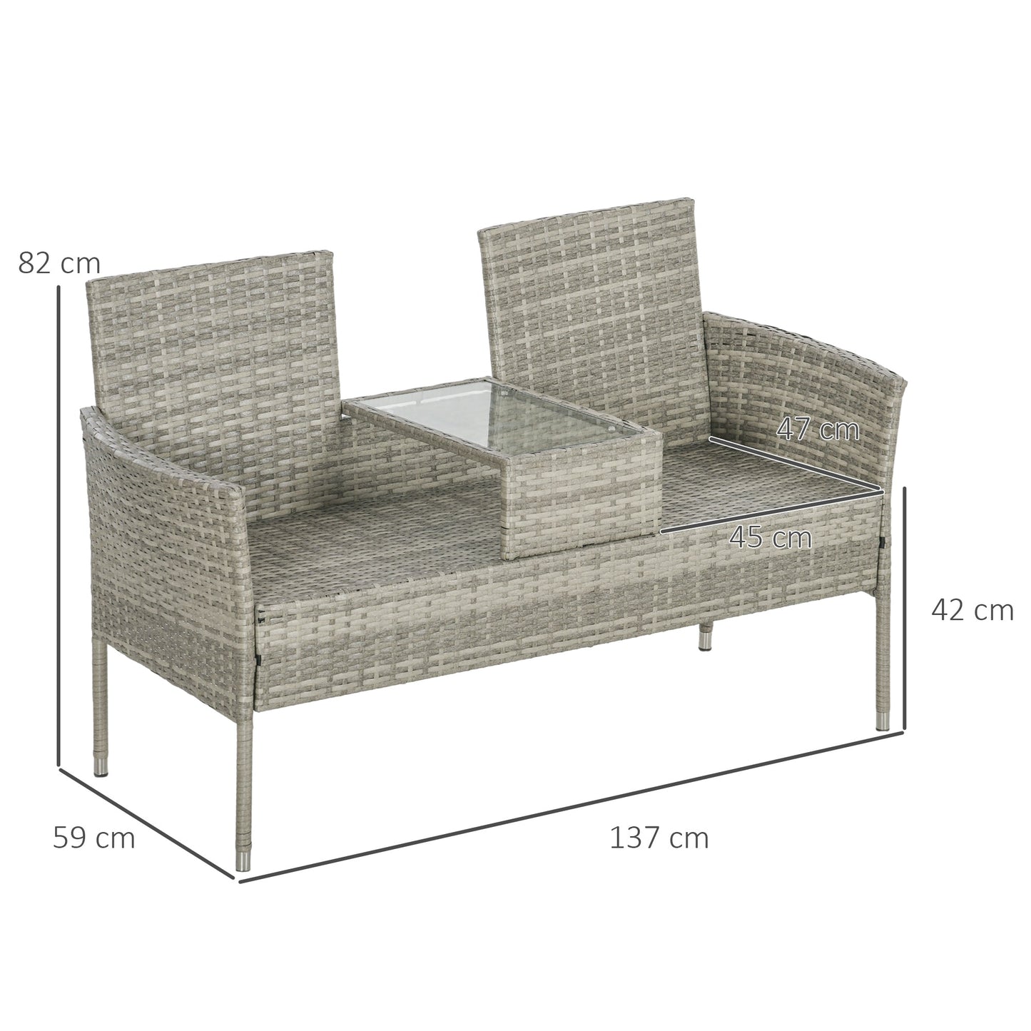 2 Seat Rattan Garden Bench, Patio Wicker Chair with Glass Tea Table, Outdoor Love Seat with Padded Cushions, for Garden, Porch, Poolside, Mixed Grey/Cream White