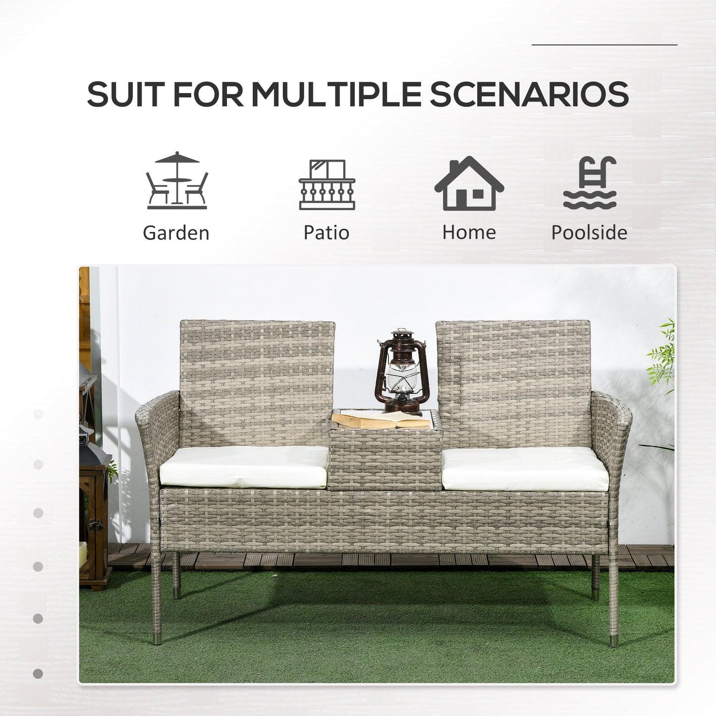 2 Seat Rattan Garden Bench, Patio Wicker Chair with Glass Tea Table, Outdoor Love Seat with Padded Cushions, for Garden, Porch, Poolside, Mixed Grey/Cream White