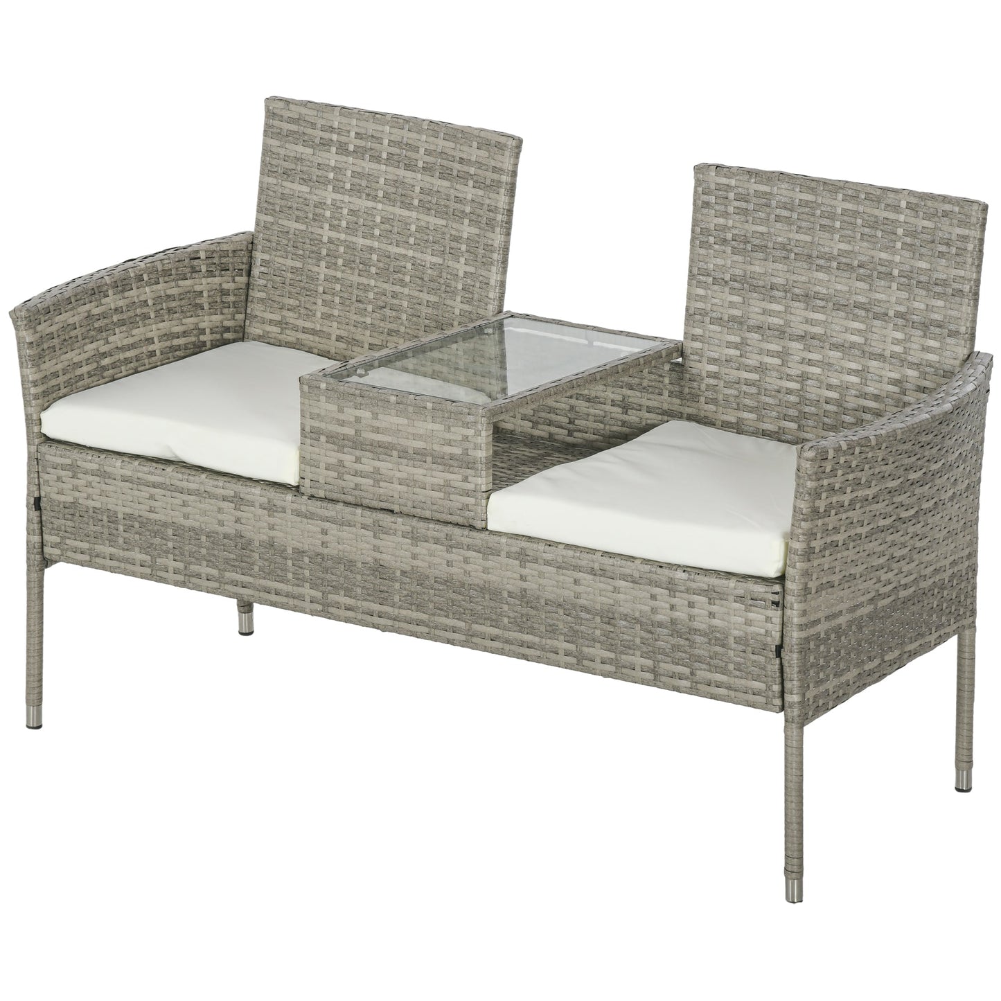 2 Seat Rattan Garden Bench, Patio Wicker Chair with Glass Tea Table, Outdoor Love Seat with Padded Cushions, for Garden, Porch, Poolside, Mixed Grey/Cream White