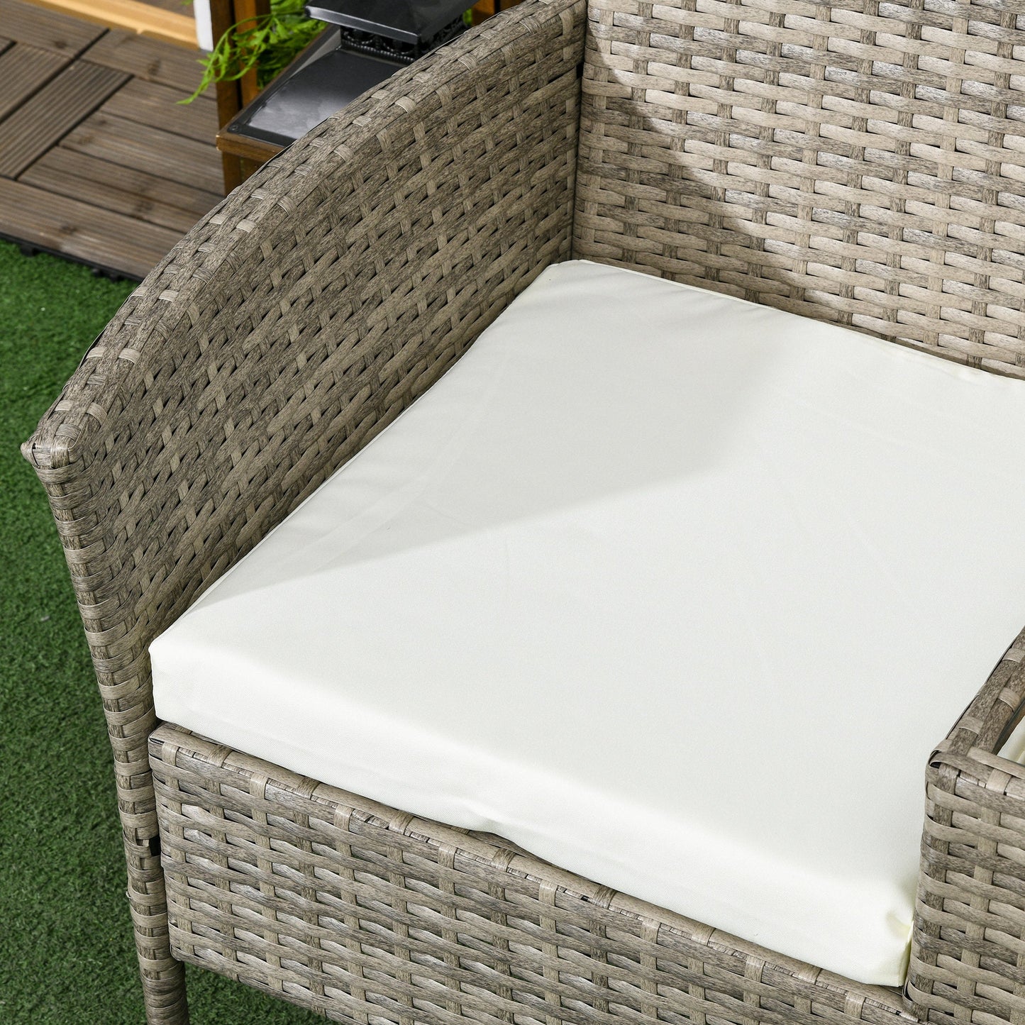 2 Seat Rattan Garden Bench, Patio Wicker Chair with Glass Tea Table, Outdoor Love Seat with Padded Cushions, for Garden, Porch, Poolside, Mixed Grey/Cream White