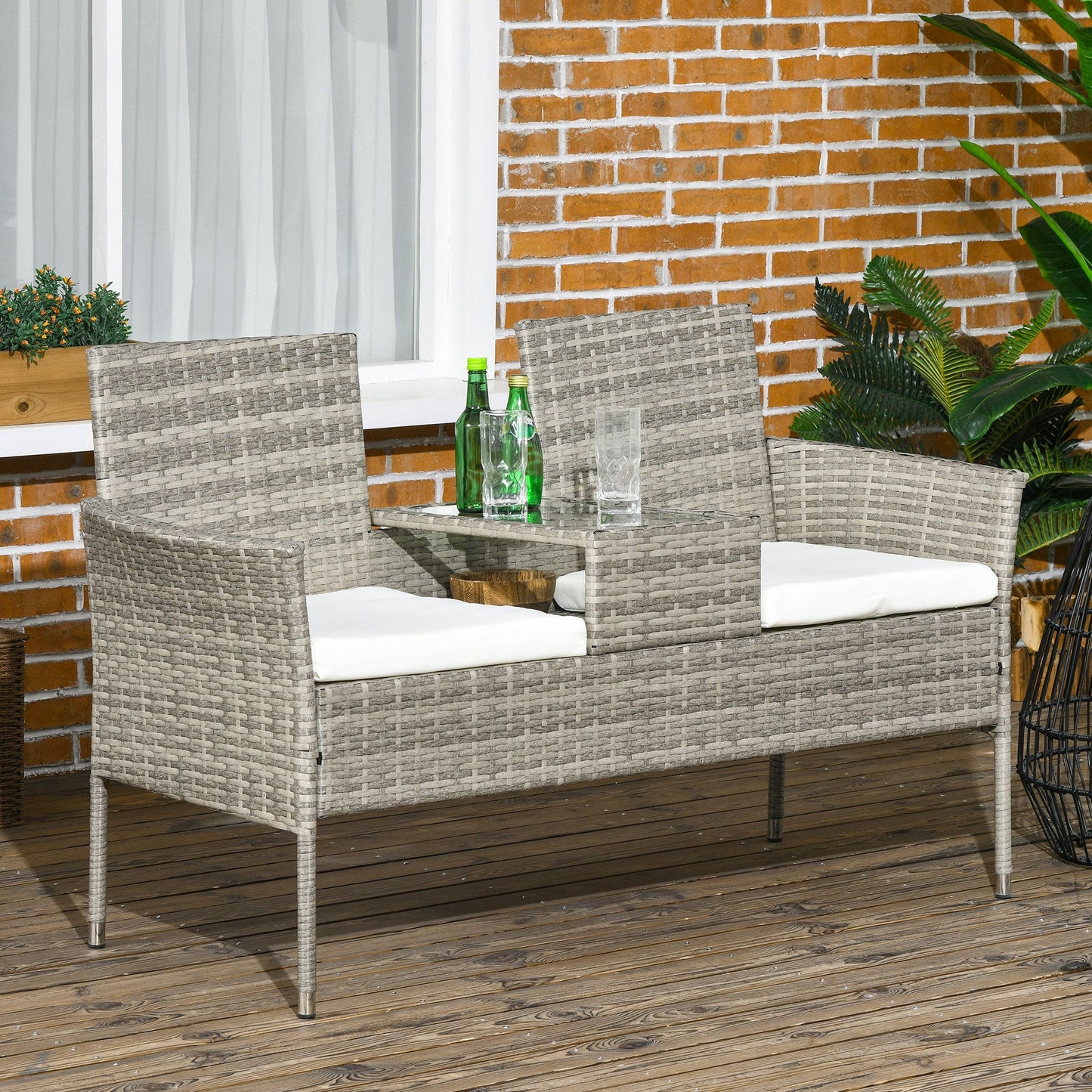 2 Seat Rattan Garden Bench, Patio Wicker Chair with Glass Tea Table, Outdoor Love Seat with Padded Cushions, for Garden, Porch, Poolside, Mixed Grey/Cream White