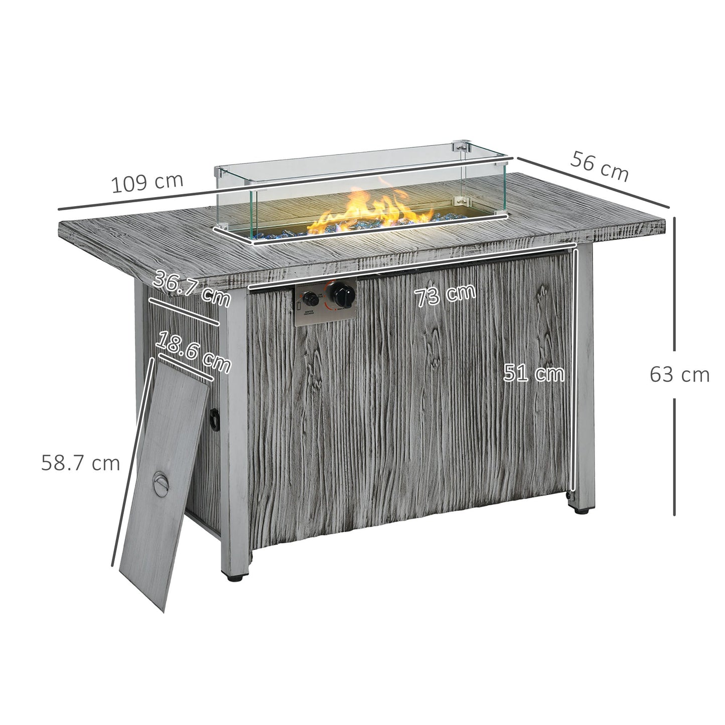 Propane Gas Fire Pit Table for Garden, 50000 BTU Smokeless Firepit Outdoor Patio Heater with Waterproof Cover, Glass Screen, Glass Beads and Lid, Wood Effect, 109 x 56 x 63cm, Grey