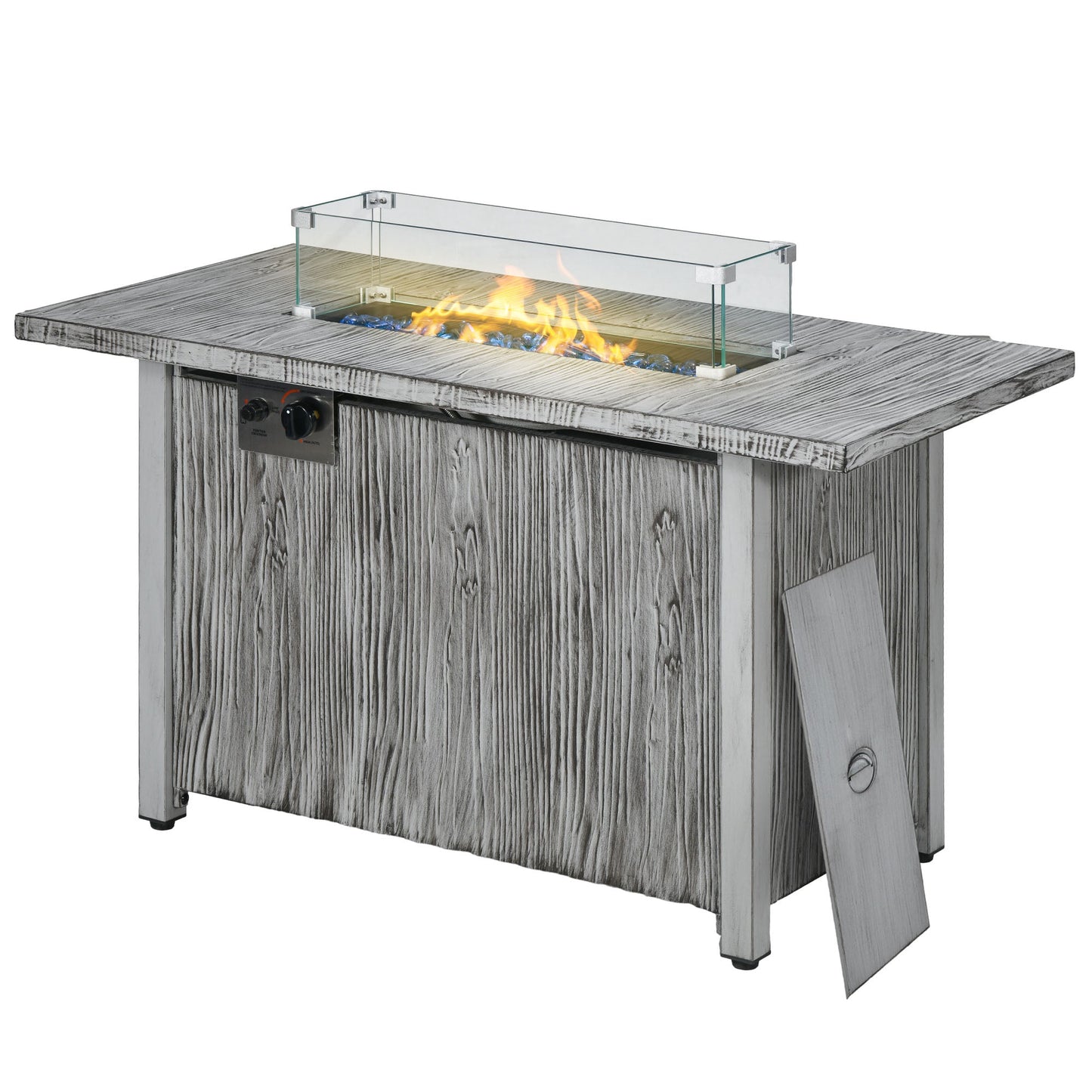 Propane Gas Fire Pit Table for Garden, 50000 BTU Smokeless Firepit Outdoor Patio Heater with Waterproof Cover, Glass Screen, Glass Beads and Lid, Wood Effect, 109 x 56 x 63cm, Grey