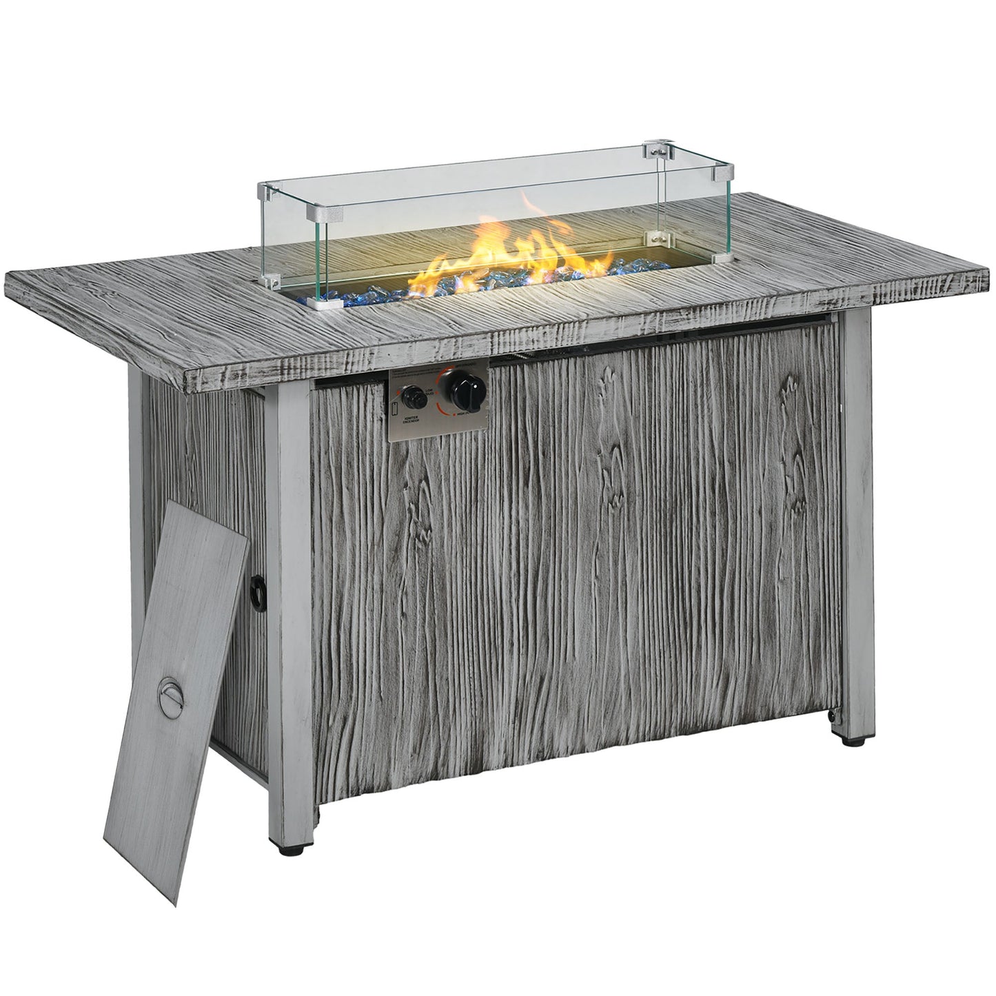 Propane Gas Fire Pit Table for Garden, 50000 BTU Smokeless Firepit Outdoor Patio Heater with Waterproof Cover, Glass Screen, Glass Beads and Lid, Wood Effect, 109 x 56 x 63cm, Grey