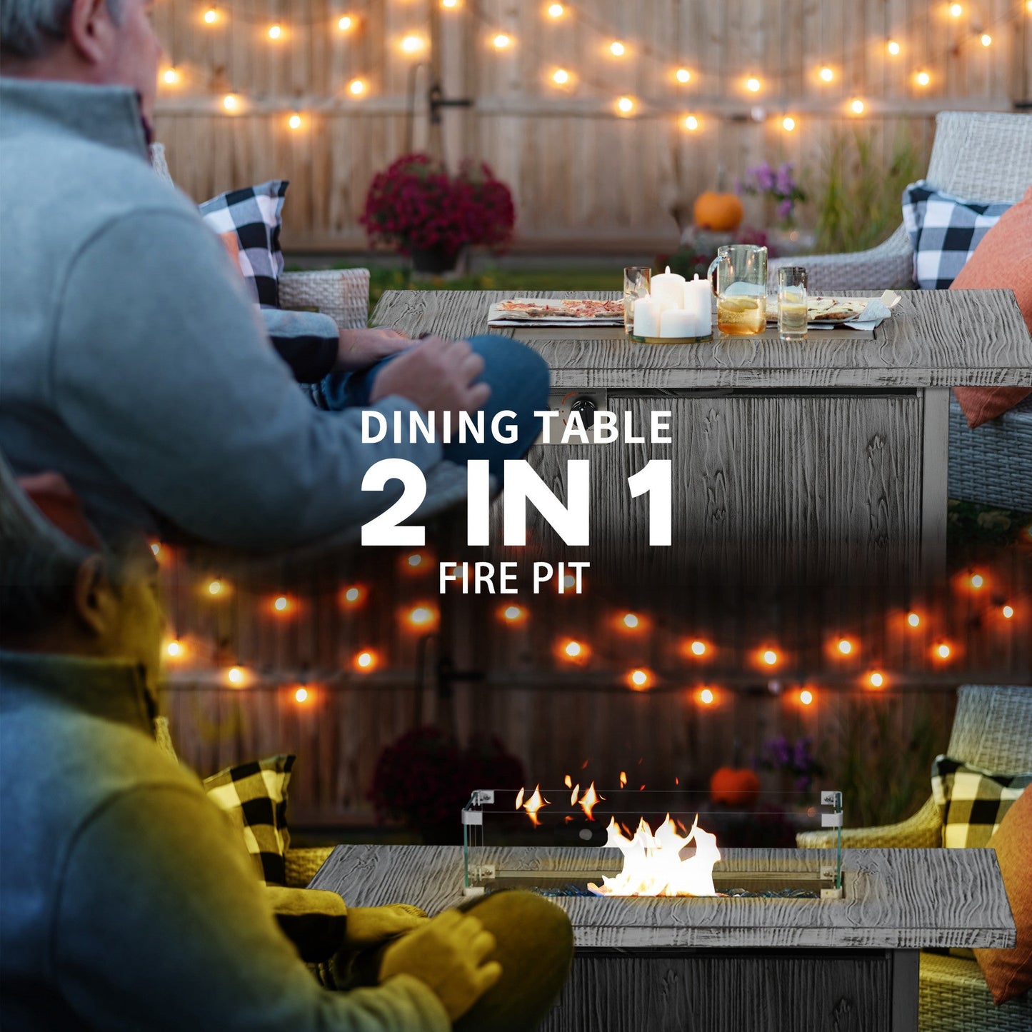 Propane Gas Fire Pit Table for Garden, 50000 BTU Smokeless Firepit Outdoor Patio Heater with Waterproof Cover, Glass Screen, Glass Beads and Lid, Wood Effect, 109 x 56 x 63cm, Grey