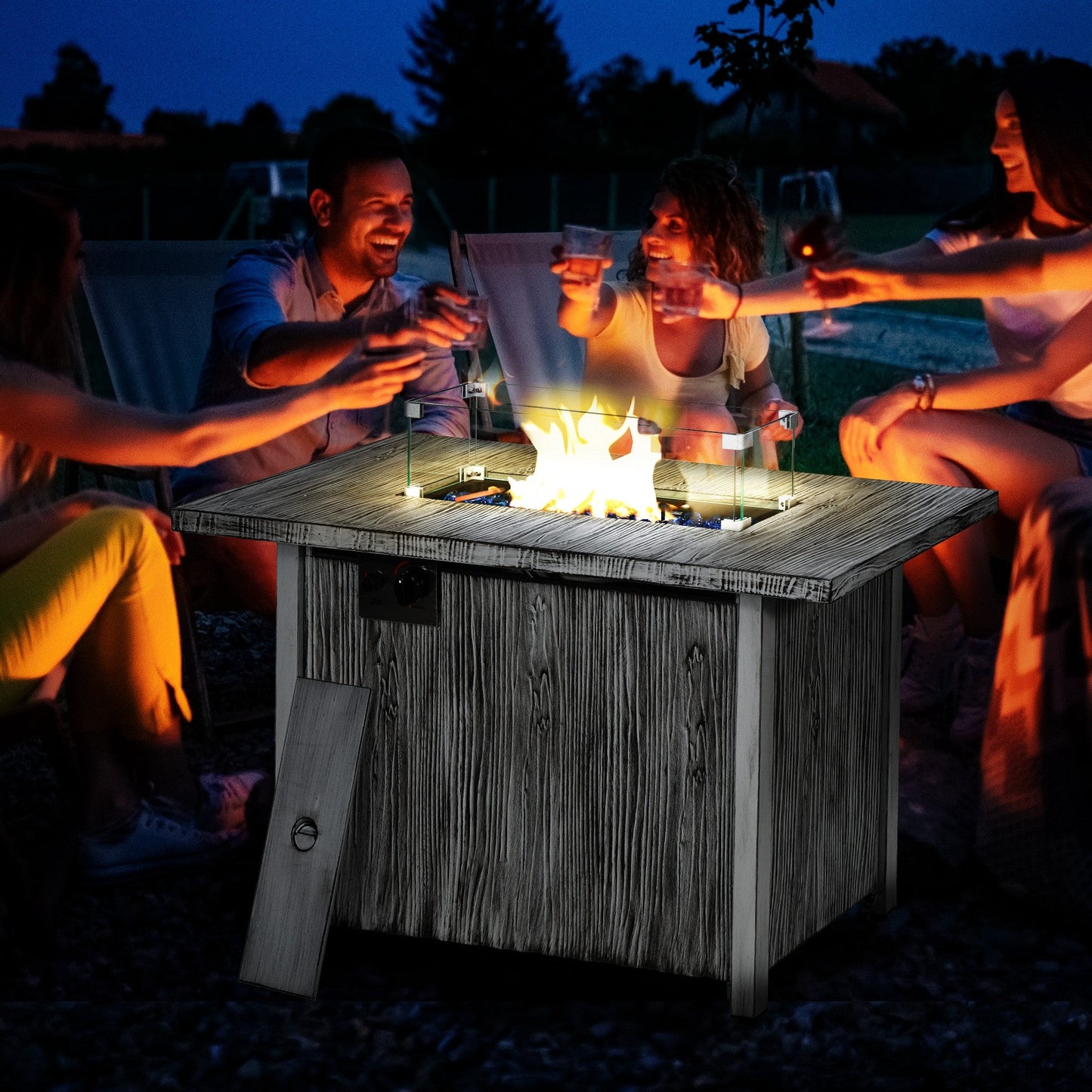 Propane Gas Fire Pit Table for Garden, 50000 BTU Smokeless Firepit Outdoor Patio Heater with Waterproof Cover, Glass Screen, Glass Beads and Lid, Wood Effect, 109 x 56 x 63cm, Grey
