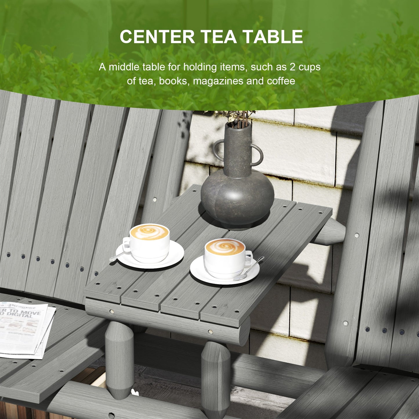 Wood Patio Chair Bench 2 Seats with Centre Coffee Table, Garden Bench for Lounging and Relaxing Outdoors, Grey