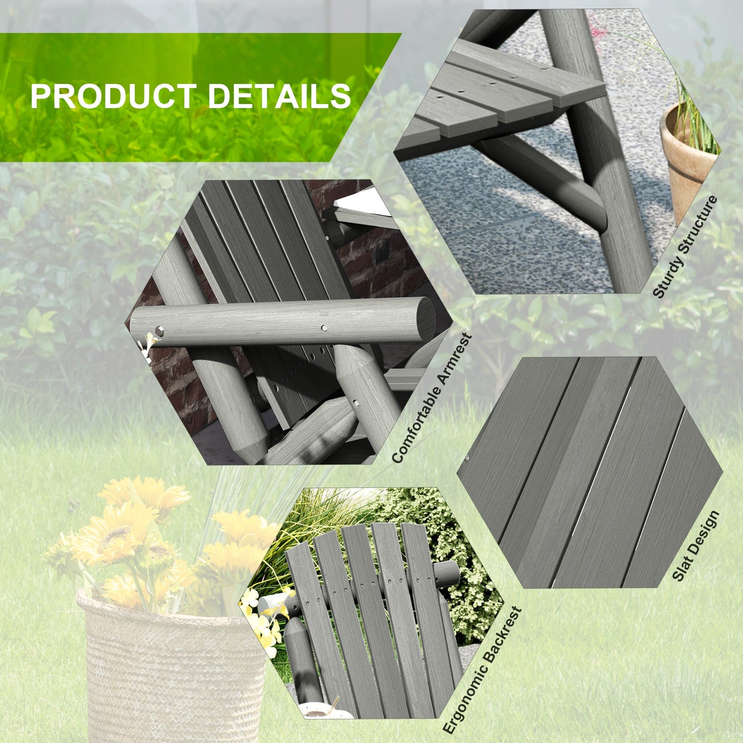 Wood Patio Chair Bench 2 Seats with Centre Coffee Table, Garden Bench for Lounging and Relaxing Outdoors, Grey