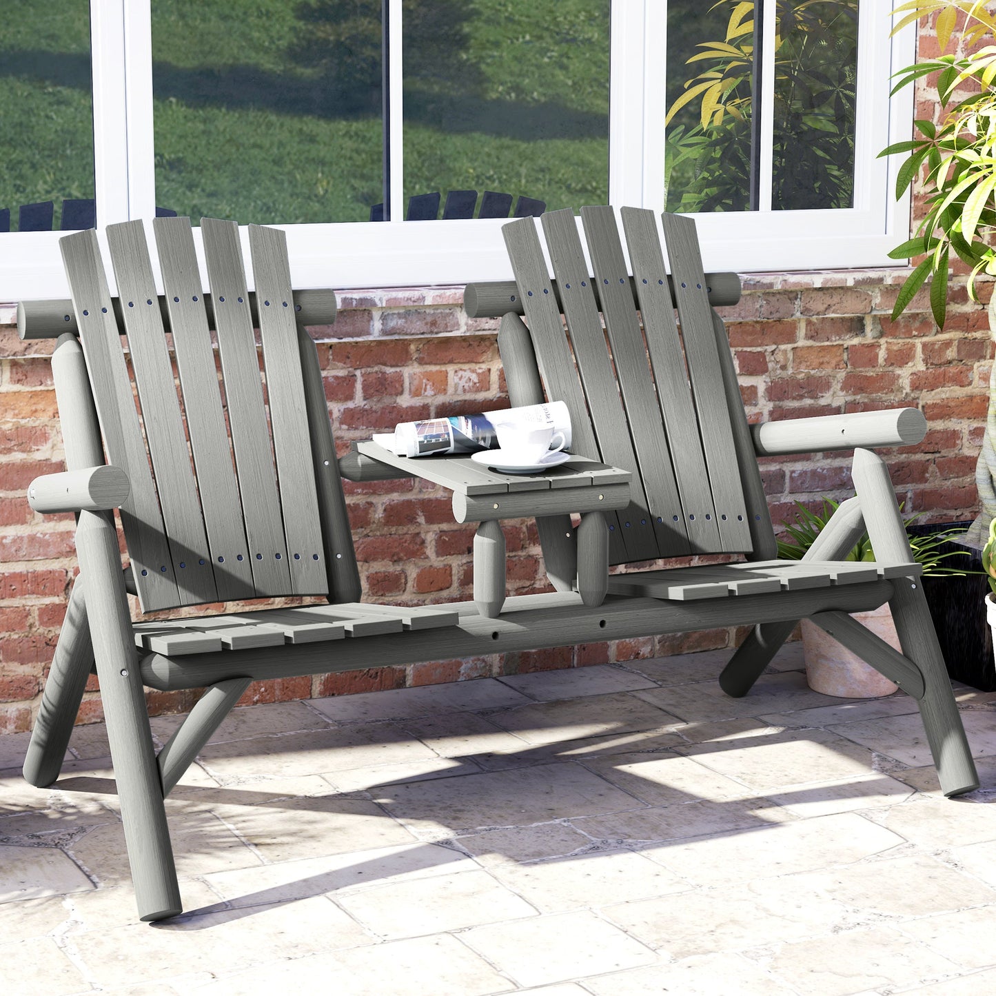 Wood Patio Chair Bench 2 Seats with Centre Coffee Table, Garden Bench for Lounging and Relaxing Outdoors, Grey