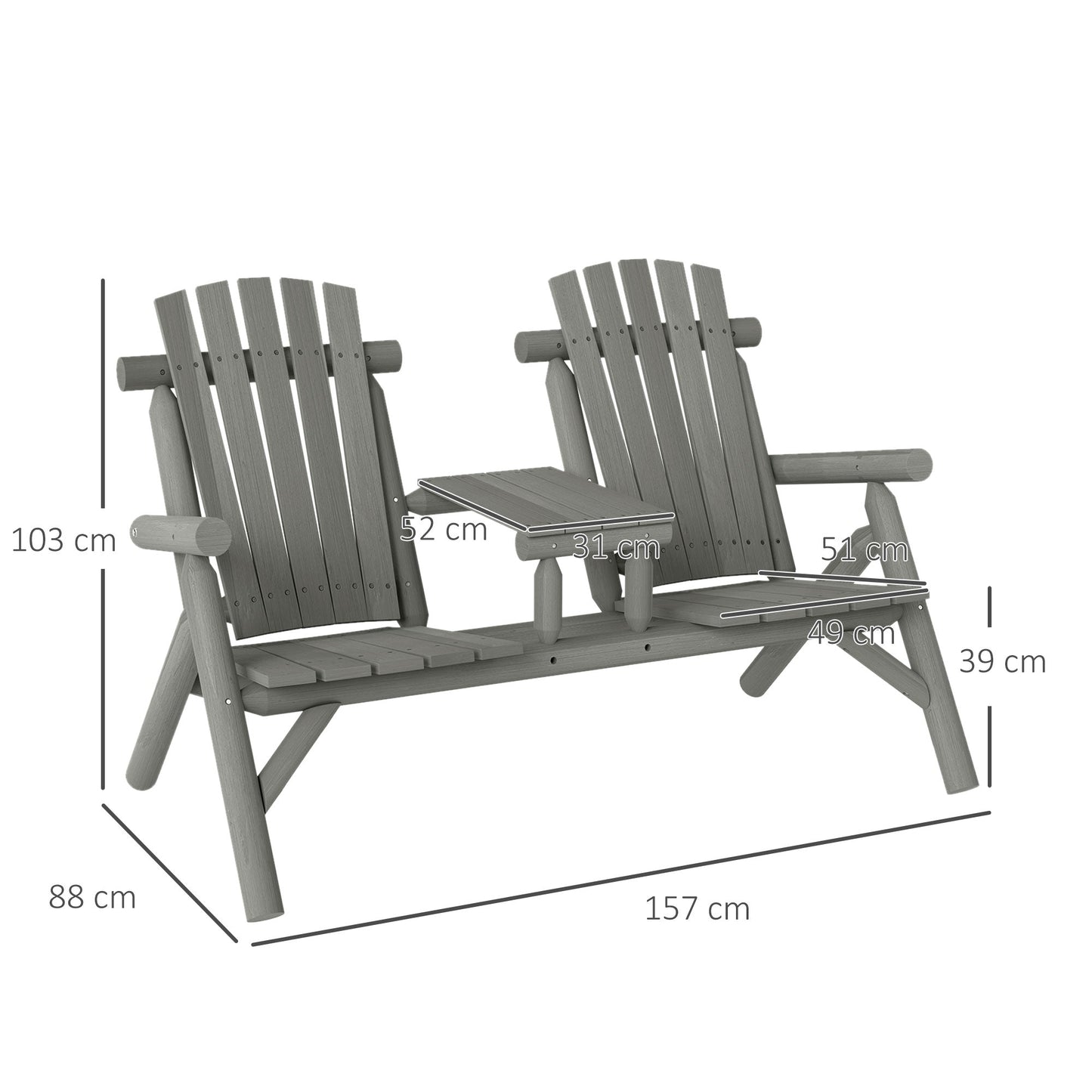 Wood Patio Chair Bench 2 Seats with Centre Coffee Table, Garden Bench for Lounging and Relaxing Outdoors, Grey