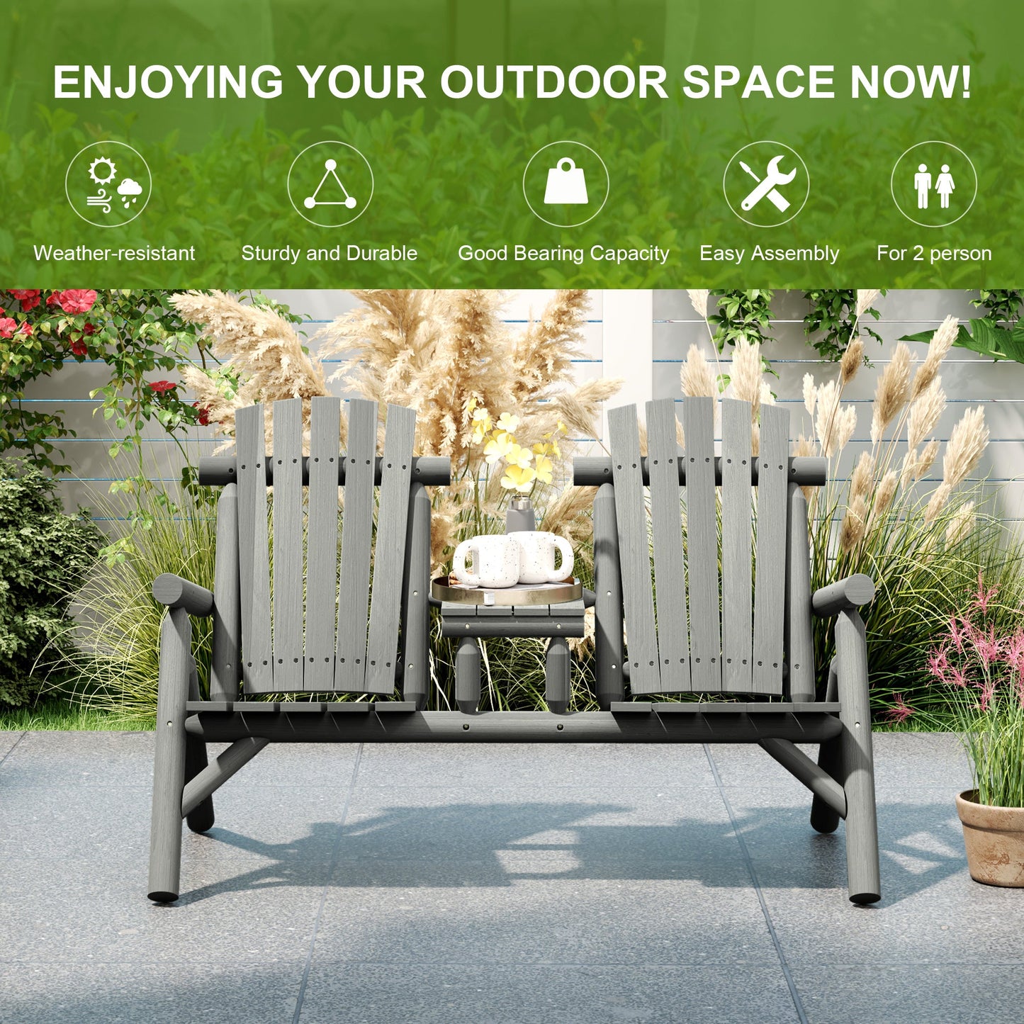 Wood Patio Chair Bench 2 Seats with Centre Coffee Table, Garden Bench for Lounging and Relaxing Outdoors, Grey