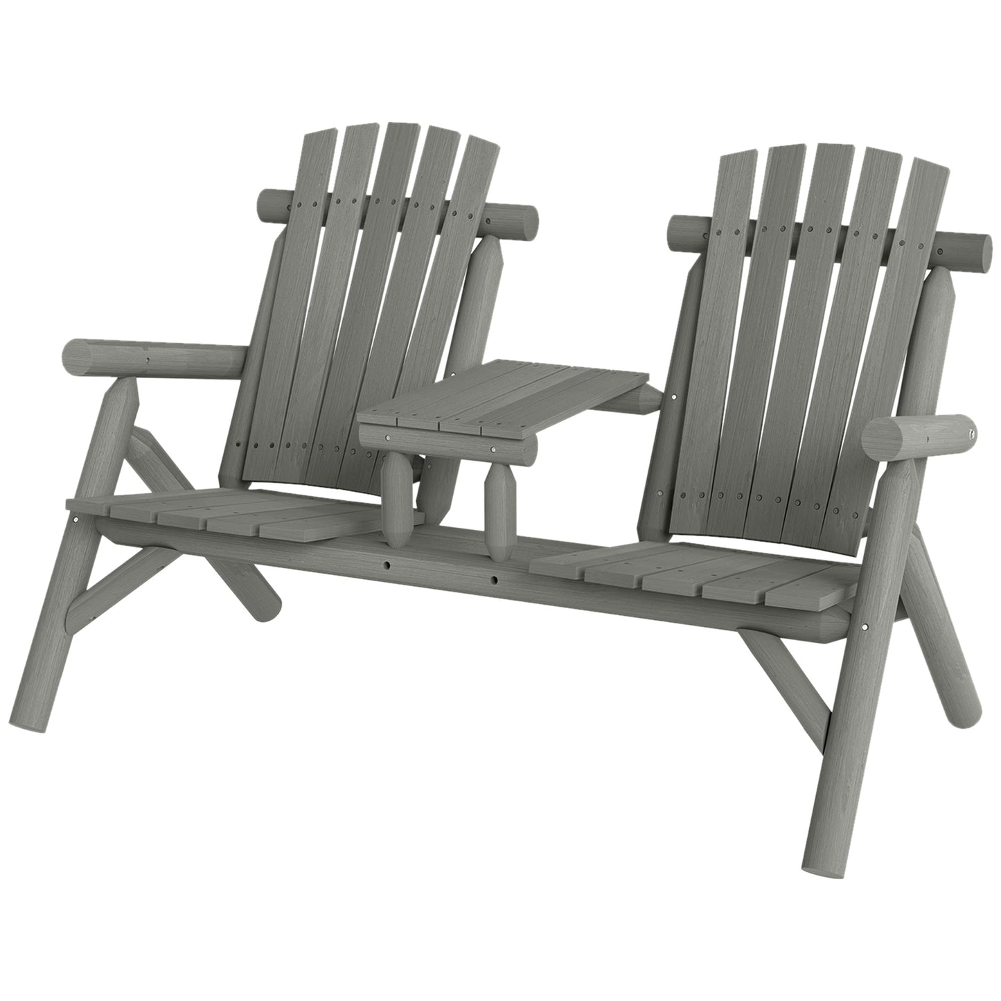 Wood Patio Chair Bench 2 Seats with Centre Coffee Table, Garden Bench for Lounging and Relaxing Outdoors, Grey