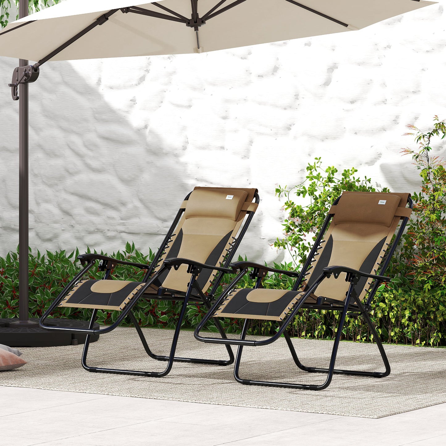 Zero Gravity Lounger Chair Set of 2, Folding Reclining Patio Chair with Padded Seat, Cup Holder, Soft Cushion and Headrest for Poolside, Camping, Coffee