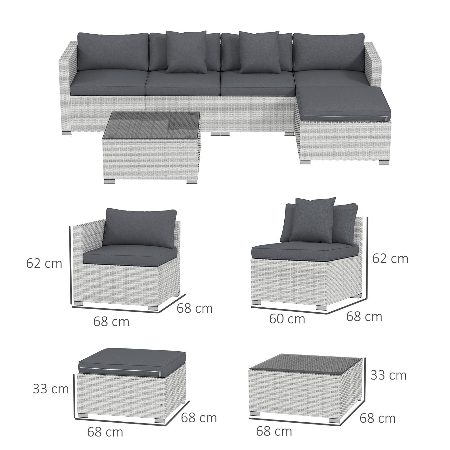 6 Pieces Rattan Garden Furniture Set, 5 Seater Sectional Garden Corner Sofa Set with Glass Top Coffee Table, Cushions and Pillows, All-Weather Wicker Conversation Furniture, Mixed Grey