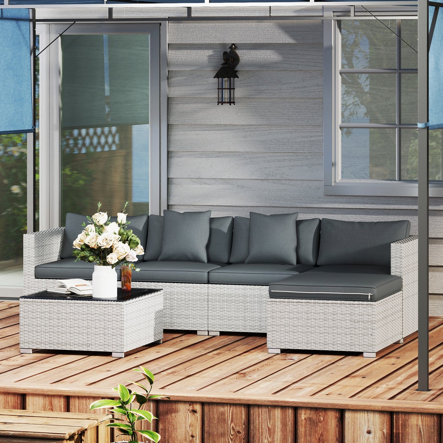 6 Pieces Rattan Garden Furniture Set, 5 Seater Sectional Garden Corner Sofa Set with Glass Top Coffee Table, Cushions and Pillows, All-Weather Wicker Conversation Furniture, Mixed Grey