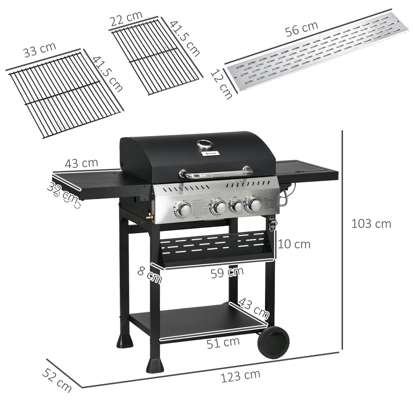 3+1 Gas Burner Grill, 11.5 kW Propane Gas Barbecue BBQ Grill with Wheels, Warming Rack, Shelves, Thermometer, Bottle Opener, Black