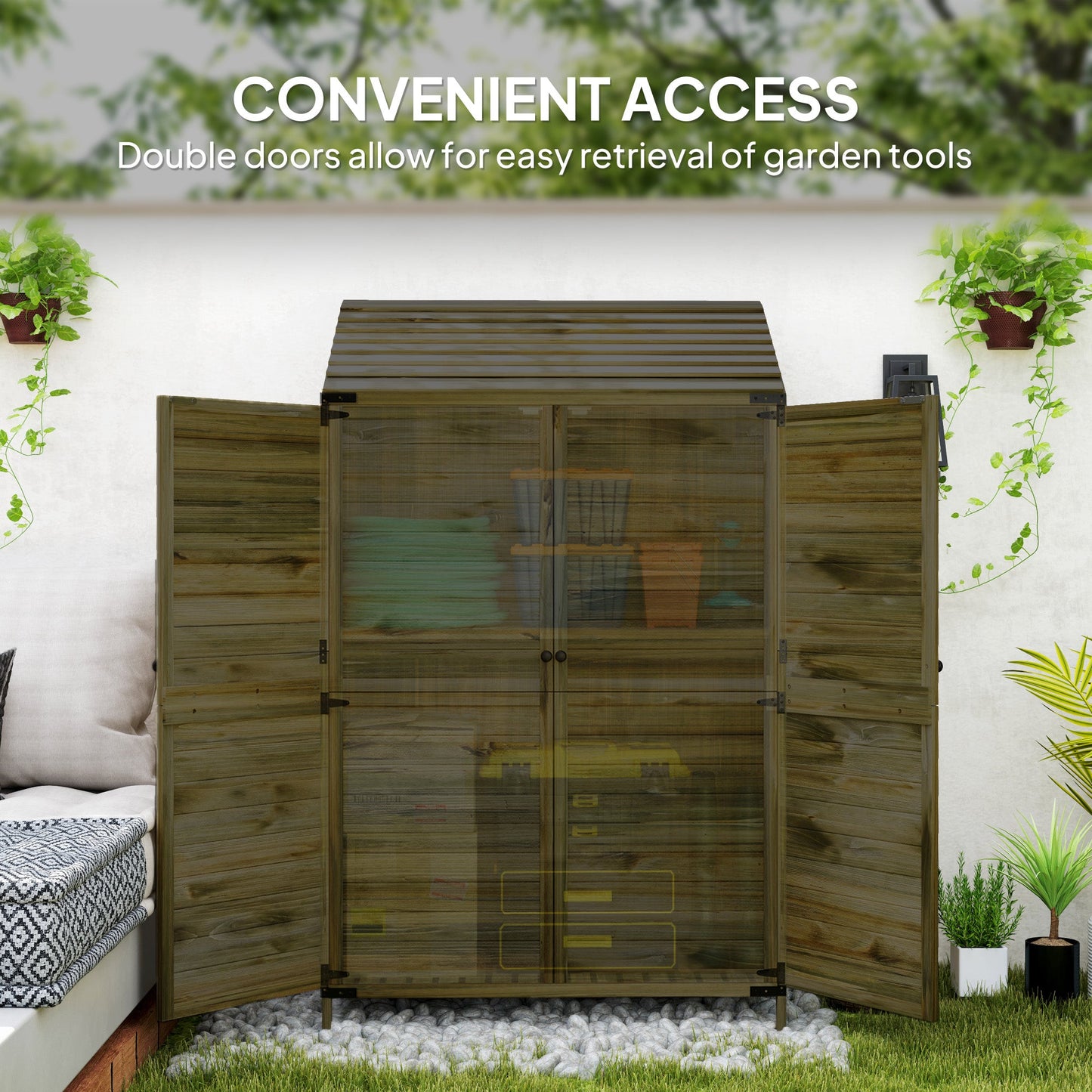 Lean to Wooden Garden Shed, Garden Tool Storage Shed with Double Doors and Shelves, Outdoor Storage Cabinet for Patio Garden, Green
