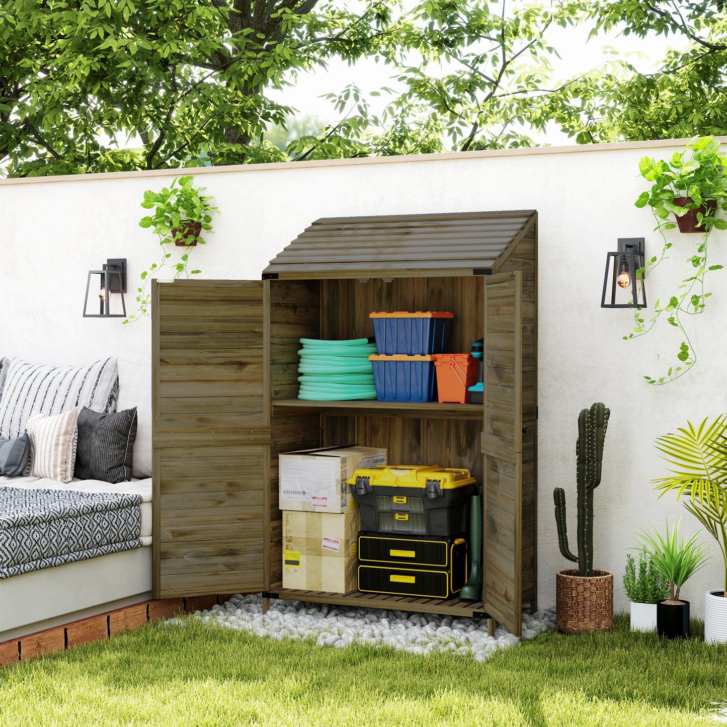 Lean to Wooden Garden Shed, Garden Tool Storage Shed with Double Doors and Shelves, Outdoor Storage Cabinet for Patio Garden, Green