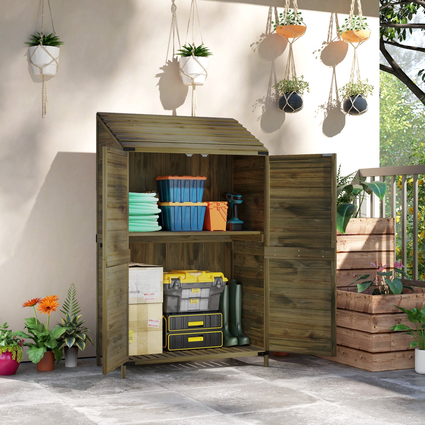 Lean to Wooden Garden Shed, Garden Tool Storage Shed with Double Doors and Shelves, Outdoor Storage Cabinet for Patio Garden, Green