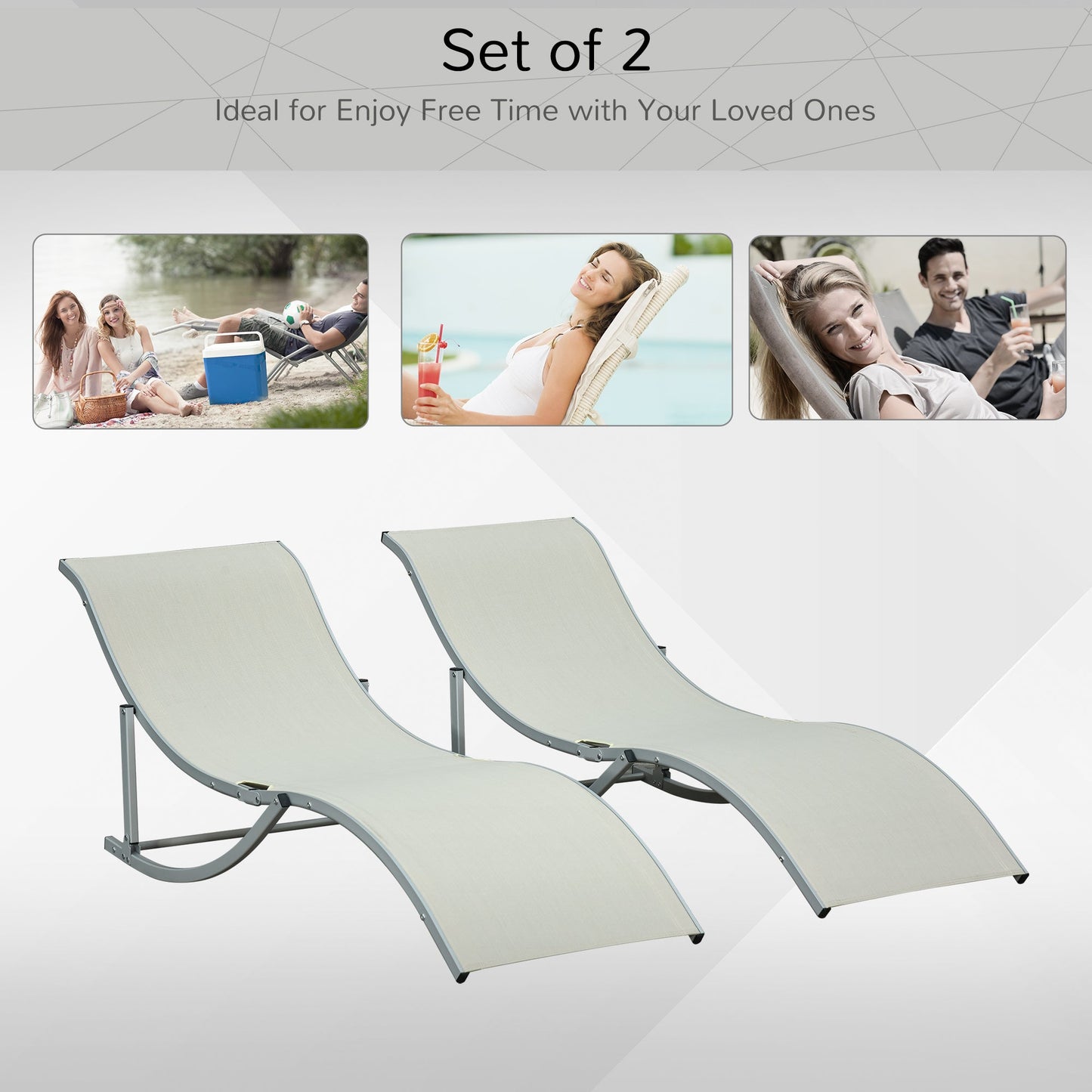 Set of 2 S-shaped Foldable Lounge Chair Sun Lounger Reclining Outdoor Chair for Patio Beach Garden, Beige