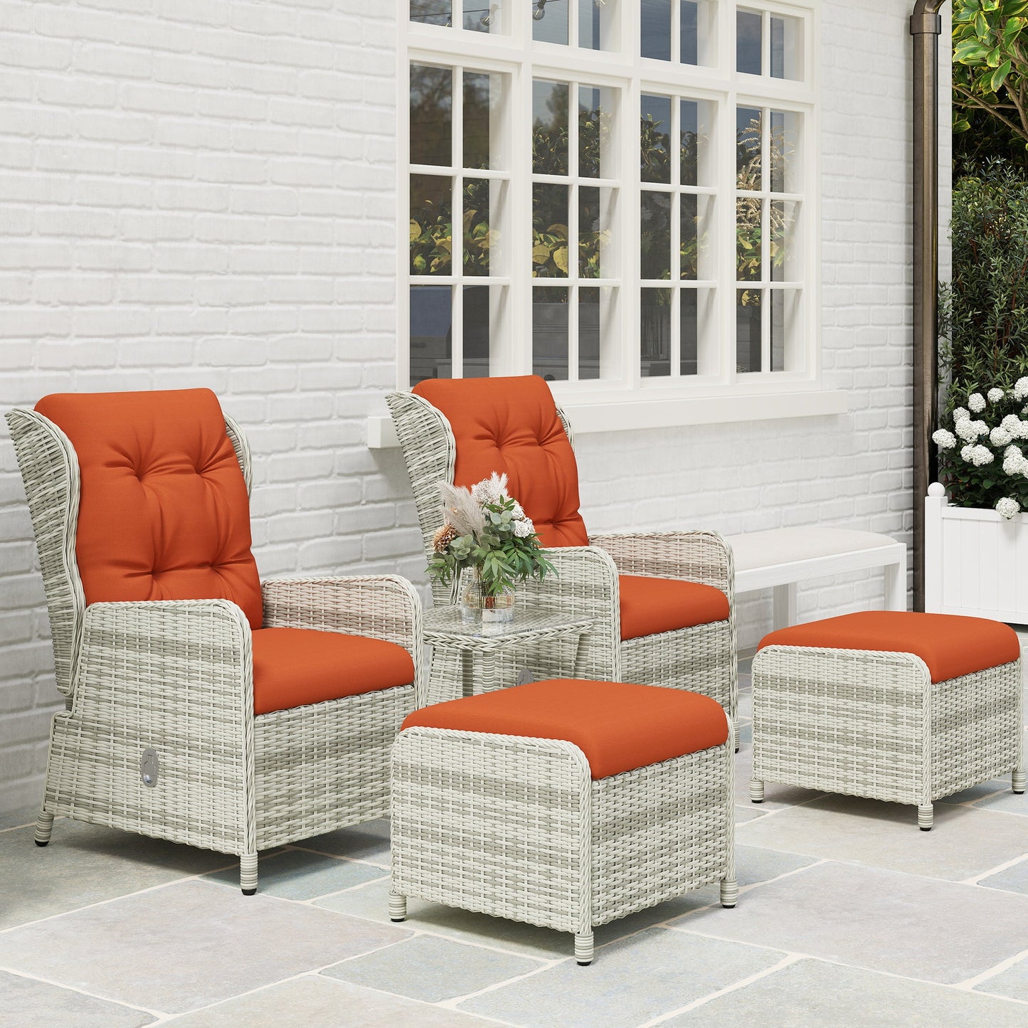 5 Pieces Rattan Bistro Set with Adjustable Back, Reclining Wicker Balcony Furniture with Cushions, Glass Top Coffee Table and Footstools, Outdoor Table and Chairs, Orange