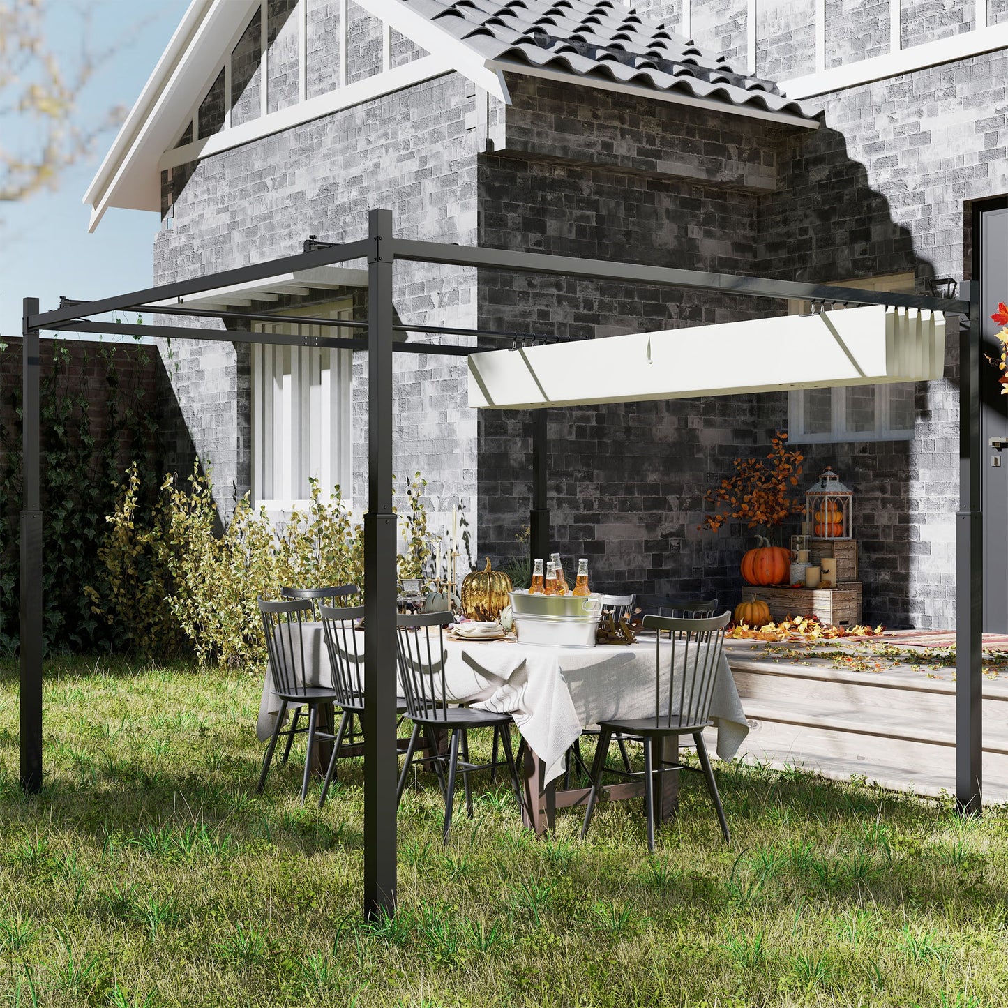 3 x 3(m) Metal Pergola with Retractable Roof and Magnetic Fixture, Outdoor Gazebo Garden Pergola Kit Sun Shade Canopy, UPF30+, 80mm Metal Column, Cream White