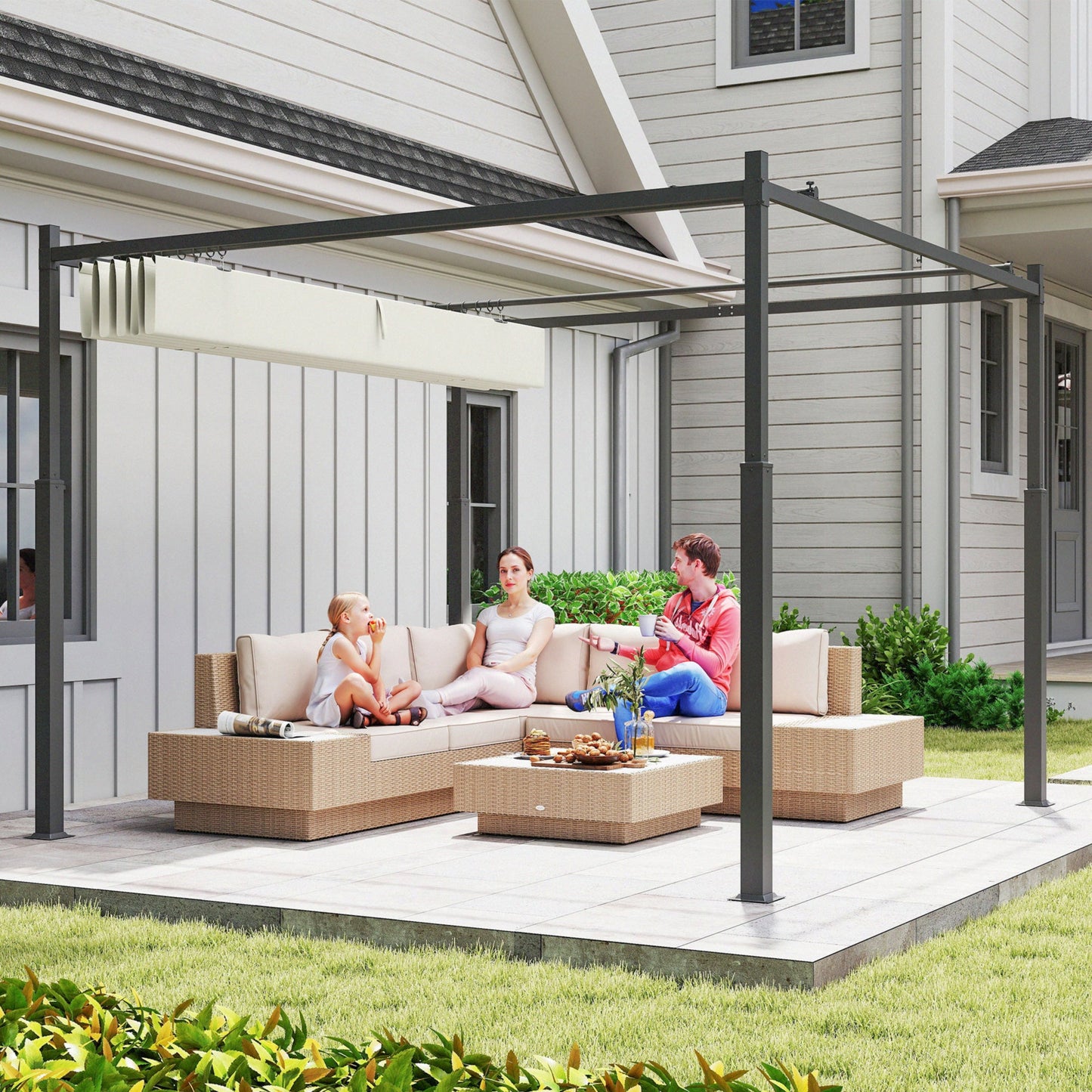 3 x 3(m) Metal Pergola with Retractable Roof and Magnetic Fixture, Outdoor Gazebo Garden Pergola Kit Sun Shade Canopy, UPF30+, 80mm Metal Column, Cream White