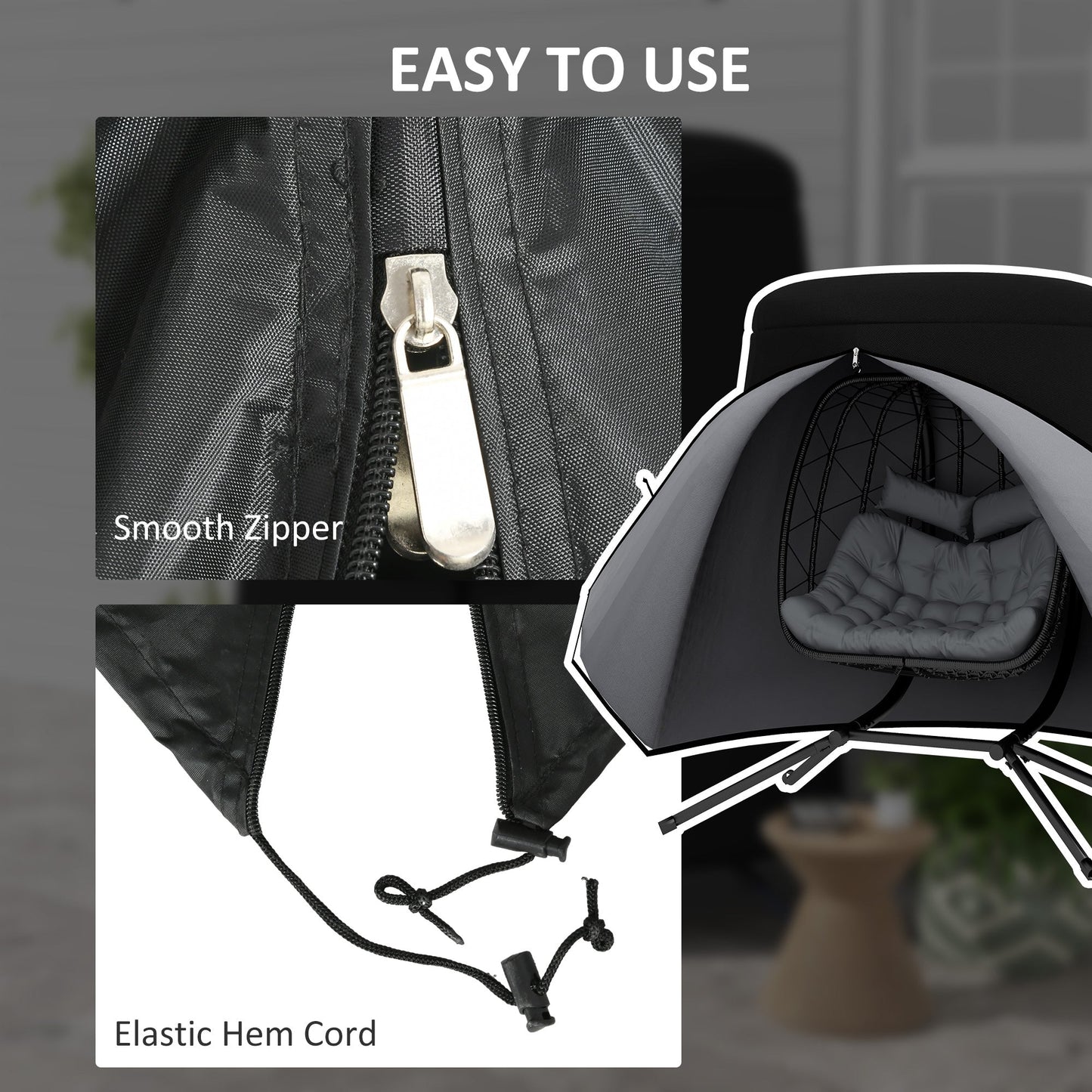 Hanging Egg Chair Cover, Outdoor Single Swing Chair Cover, Waterproof Anti-dust Furniture Protector with Zipper, 300D Oxford Fabric for 200 x 230 cm Stand, Black