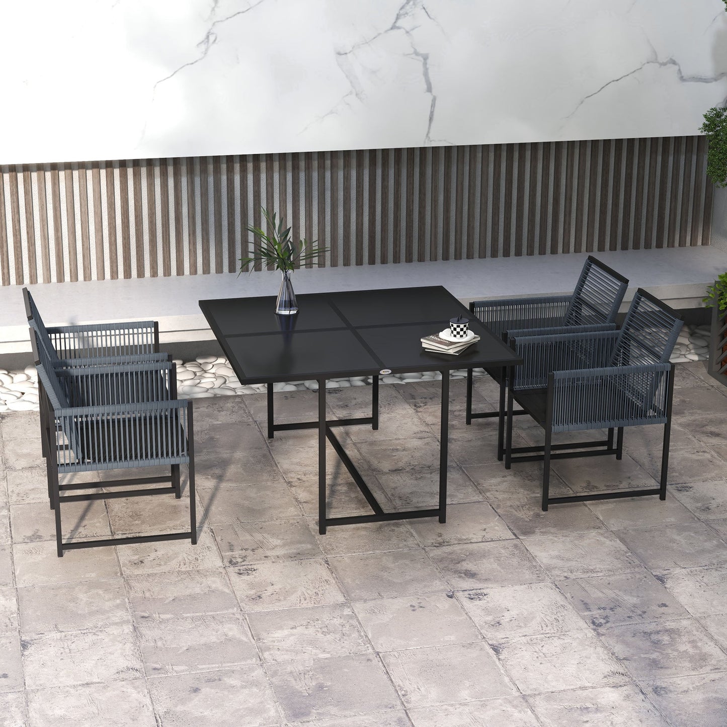 5 Pieces Garden Dining Set, Outdoor Patio Cube Set, 4 Seater Outdoor Table and Chairs with Foldable Backrest, Tempered Glass Top, Handwoven Rope for Poolside, Space-Saving, Dark Grey