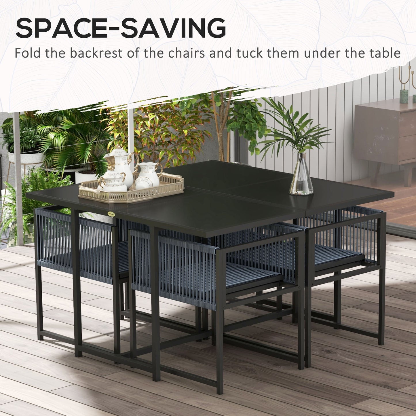 5 Pieces Garden Dining Set, Outdoor Patio Cube Set, 4 Seater Outdoor Table and Chairs with Foldable Backrest, Tempered Glass Top, Handwoven Rope for Poolside, Space-Saving, Dark Grey