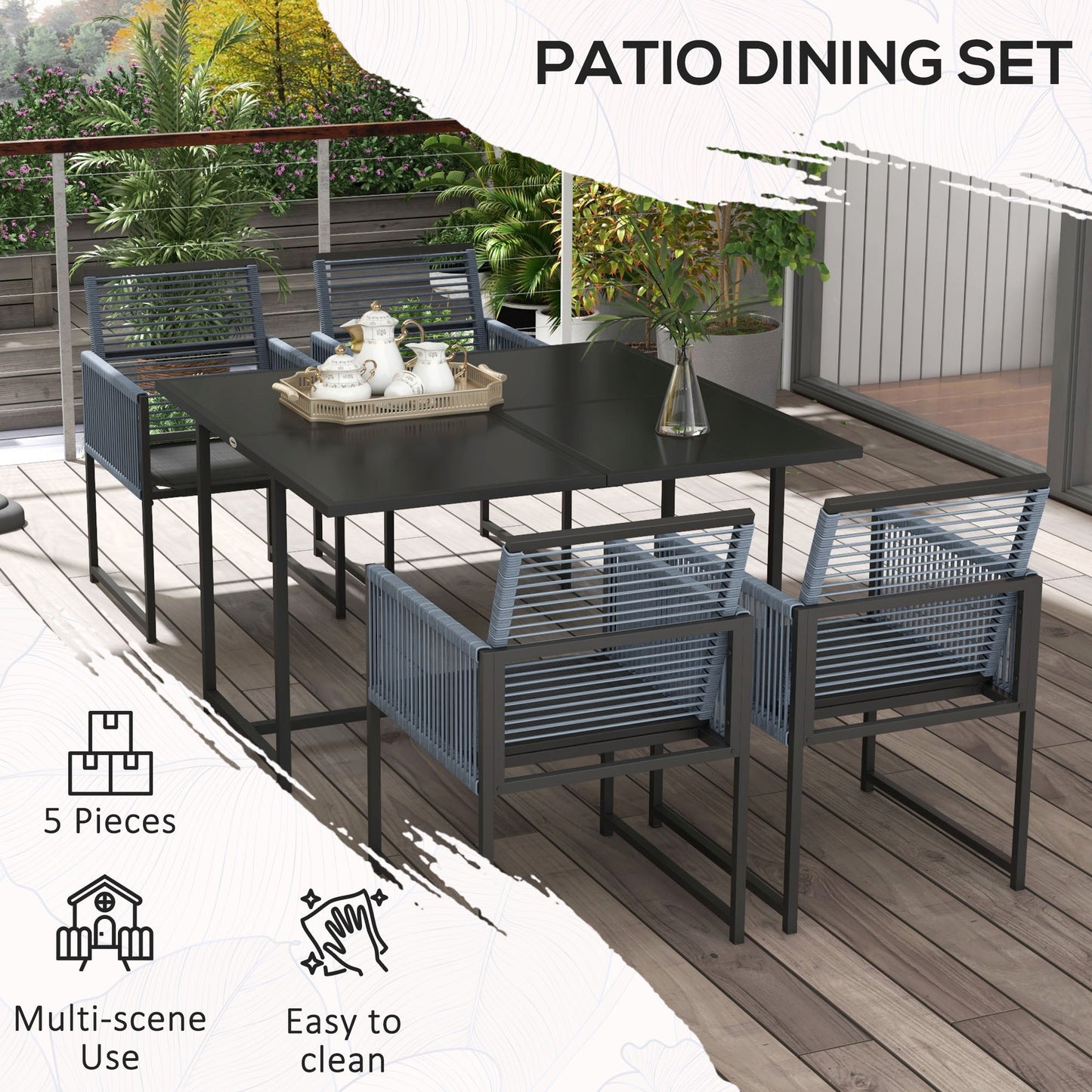 5 Pieces Garden Dining Set, Outdoor Patio Cube Set, 4 Seater Outdoor Table and Chairs with Foldable Backrest, Tempered Glass Top, Handwoven Rope for Poolside, Space-Saving, Dark Grey