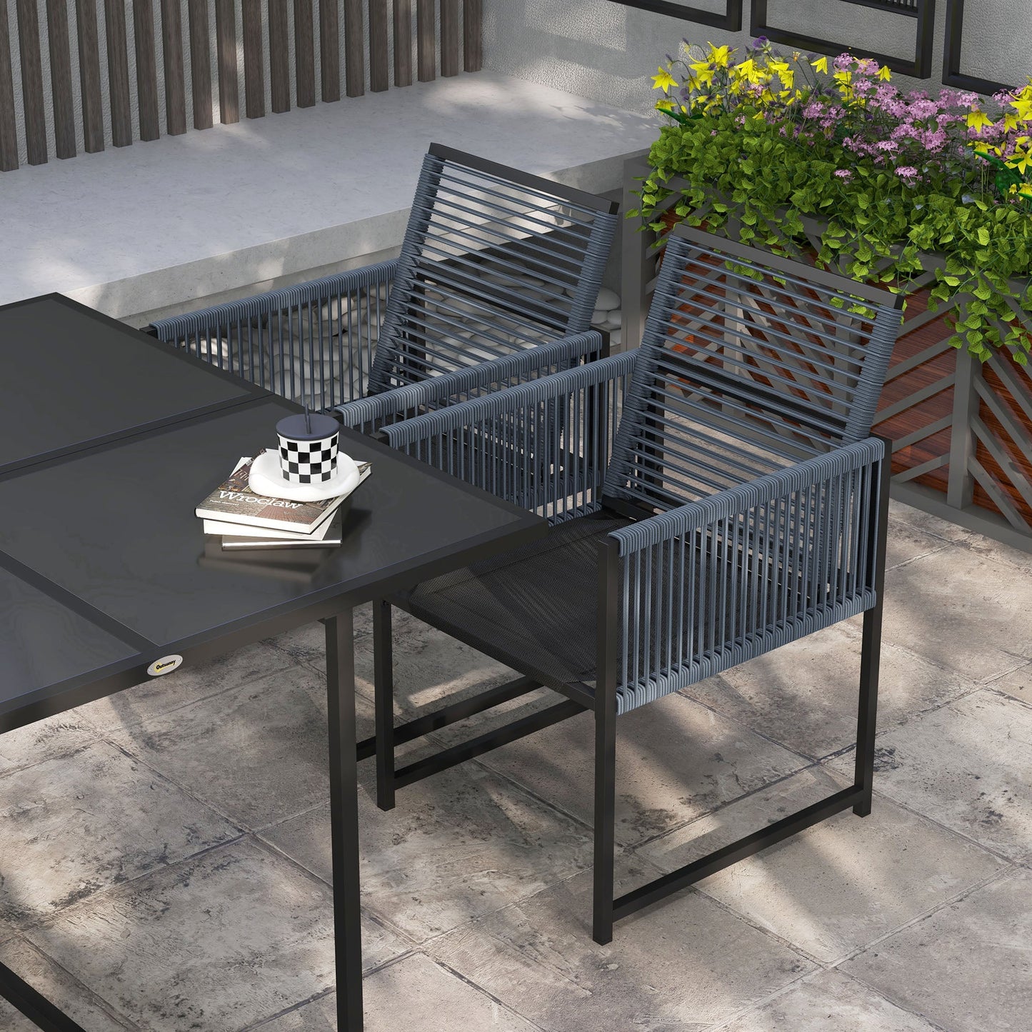 5 Pieces Garden Dining Set, Outdoor Patio Cube Set, 4 Seater Outdoor Table and Chairs with Foldable Backrest, Tempered Glass Top, Handwoven Rope for Poolside, Space-Saving, Dark Grey