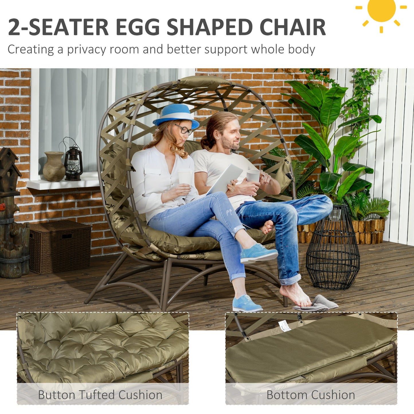 Egg Chair Outdoor, 2 Seater Folding Weave Garden Furniture Chair with Cushion, Cup Pockets for Patio Balcony - Khaki