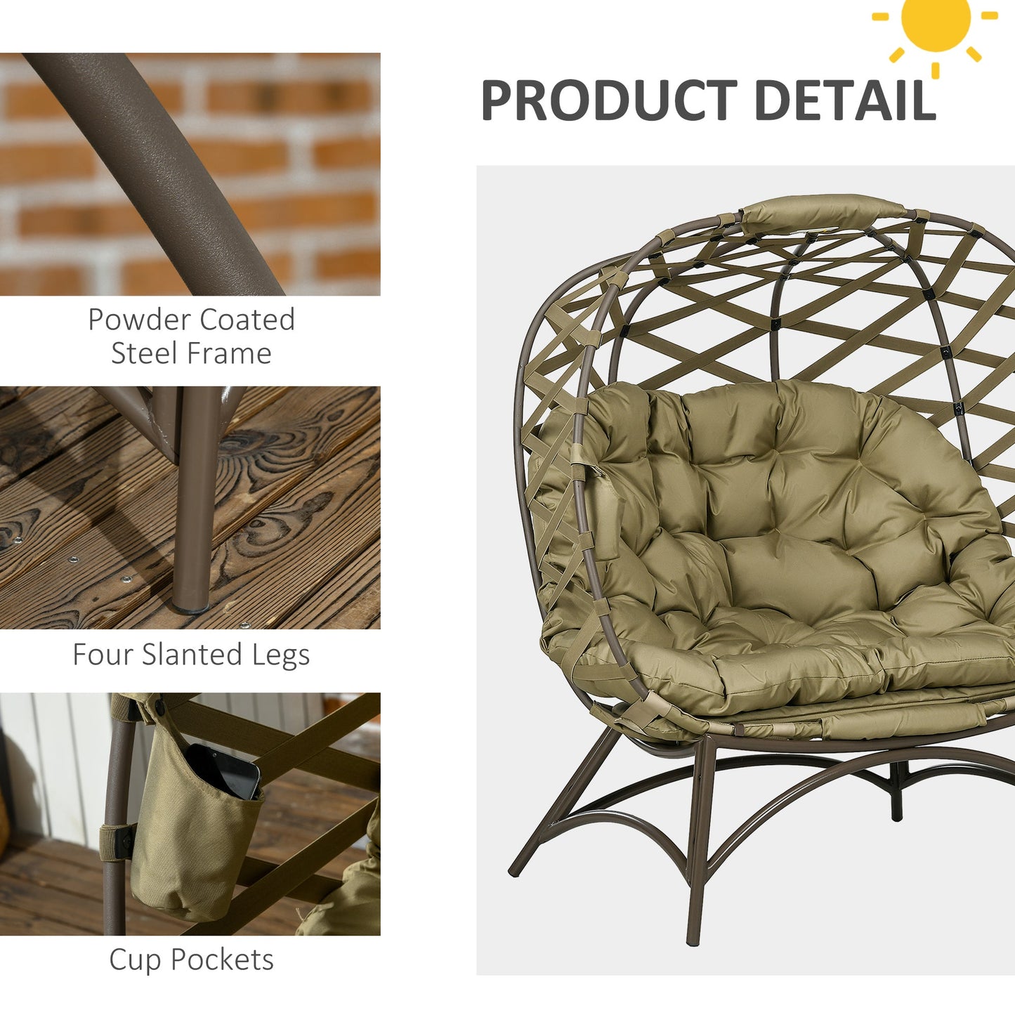 Egg Chair Outdoor, 2 Seater Folding Weave Garden Furniture Chair with Cushion, Cup Pockets for Patio Balcony - Khaki