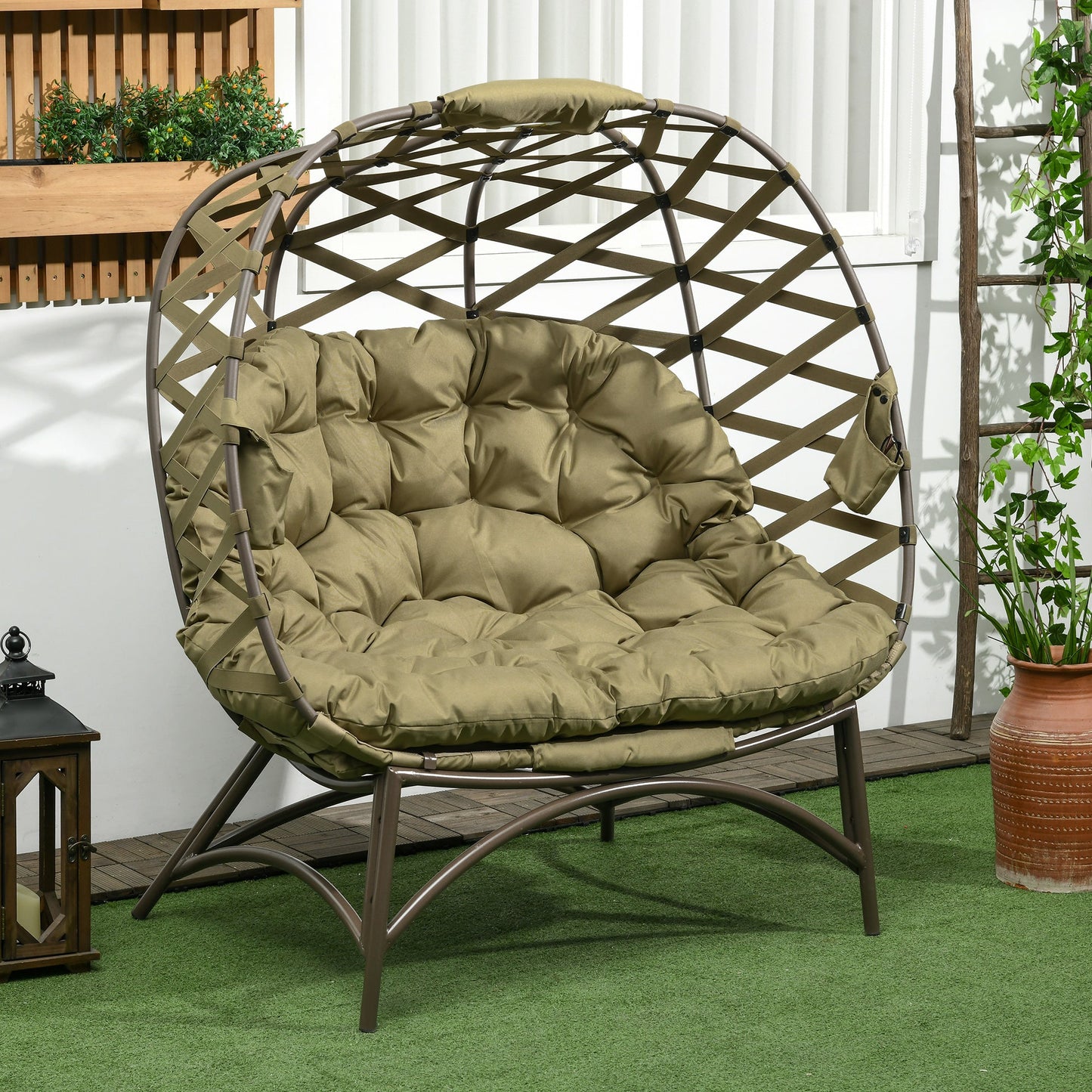 Egg Chair Outdoor, 2 Seater Folding Weave Garden Furniture Chair with Cushion, Cup Pockets for Patio Balcony - Khaki