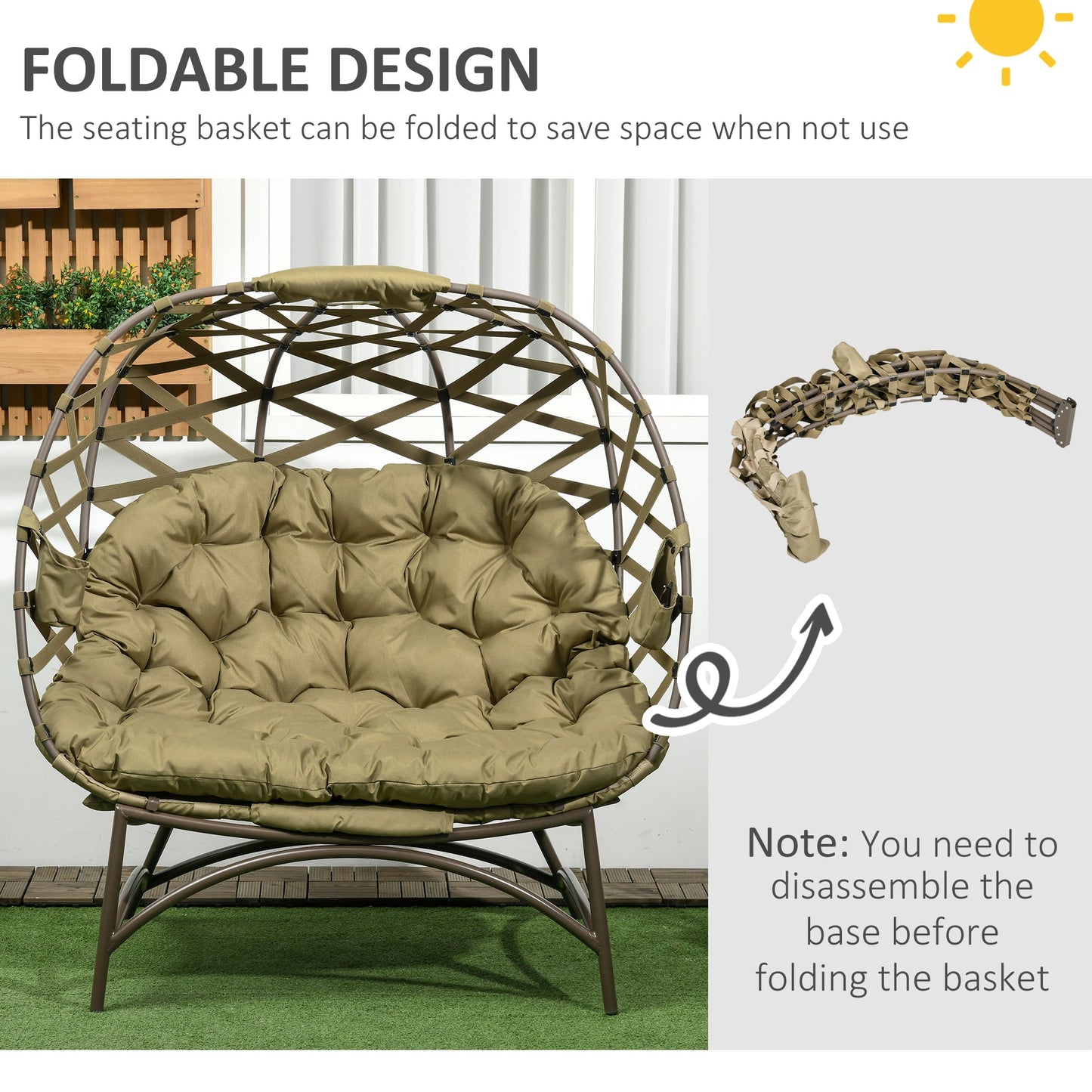 Egg Chair Outdoor, 2 Seater Folding Weave Garden Furniture Chair with Cushion, Cup Pockets for Patio Balcony - Khaki