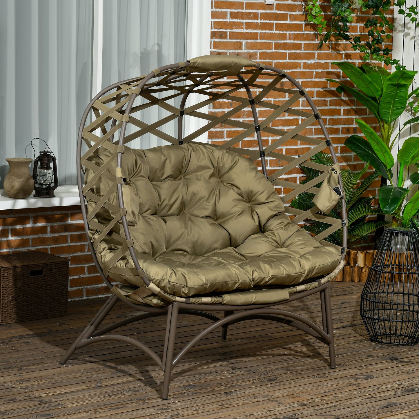 Egg Chair Outdoor, 2 Seater Folding Weave Garden Furniture Chair with Cushion, Cup Pockets for Patio Balcony - Khaki