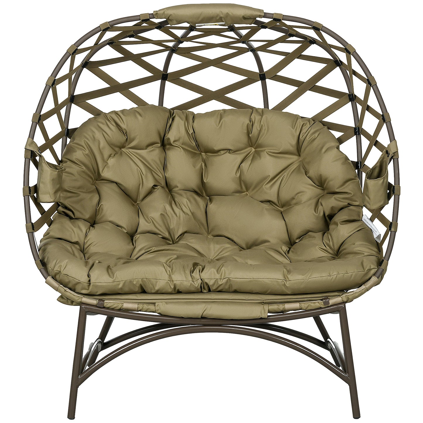 Egg Chair Outdoor, 2 Seater Folding Weave Garden Furniture Chair with Cushion, Cup Pockets for Patio Balcony - Khaki